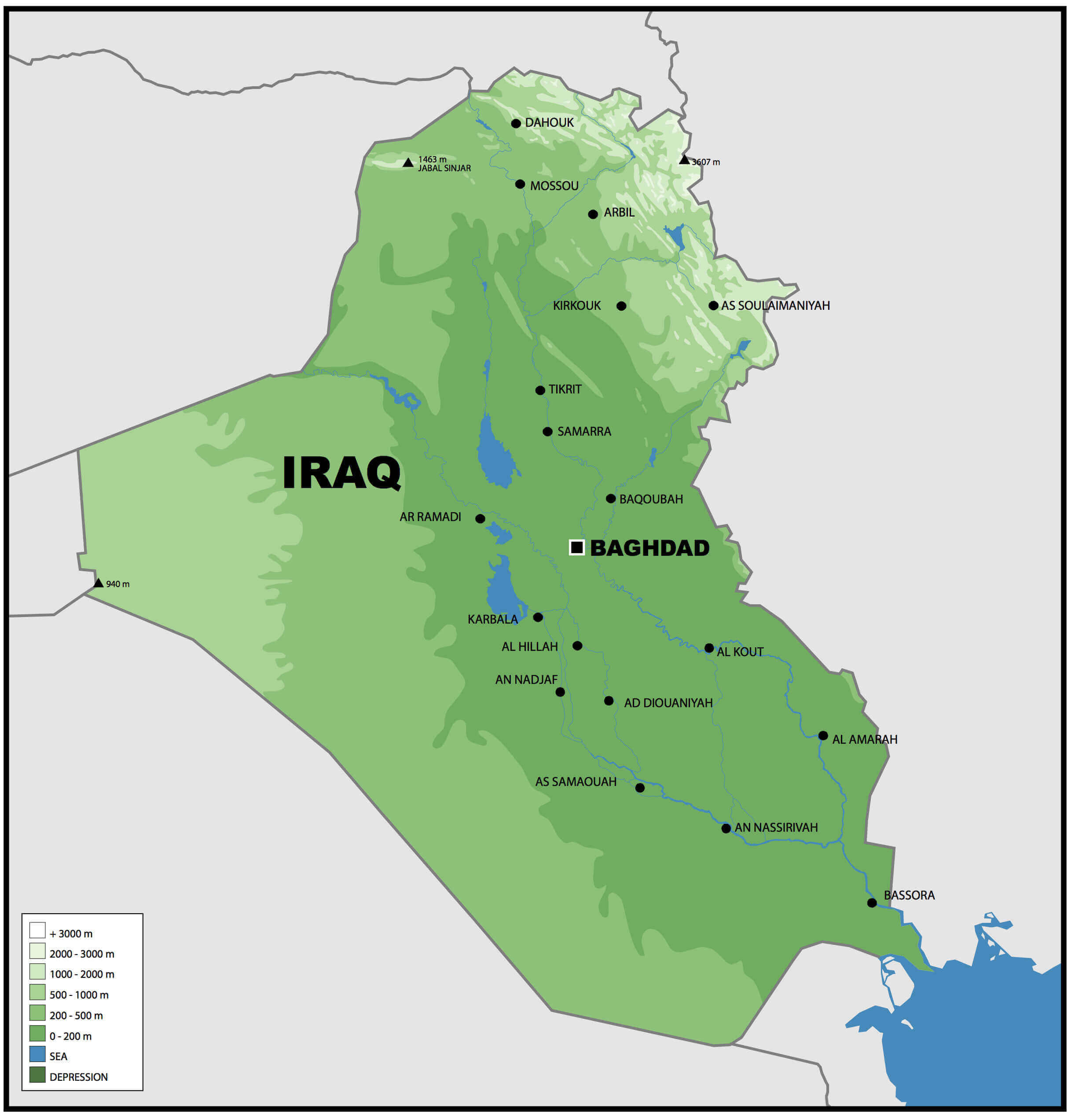 Iraq elevation map with major cities