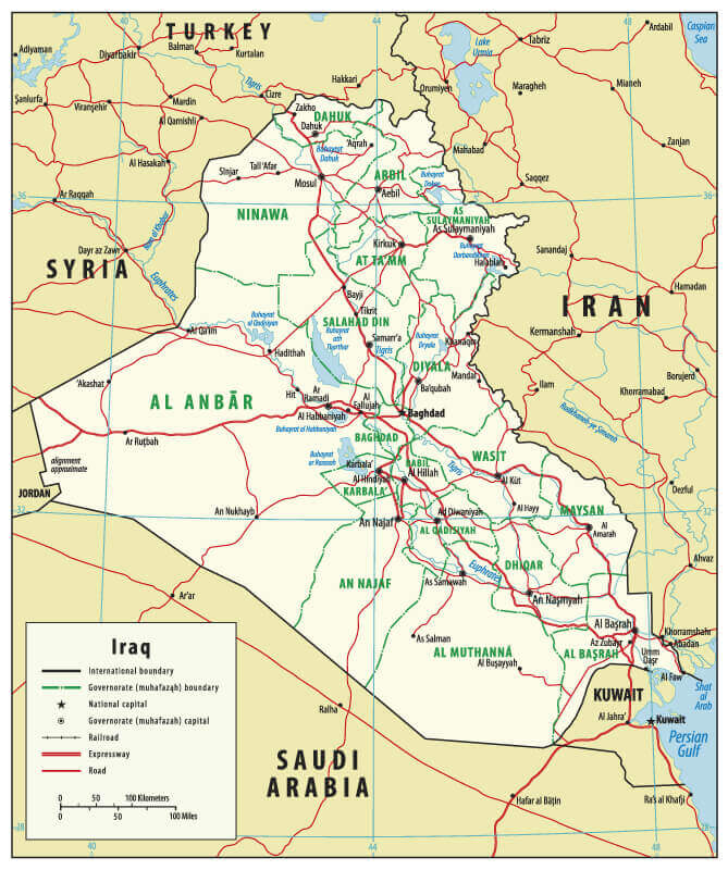 Iraq international boundary map with cities