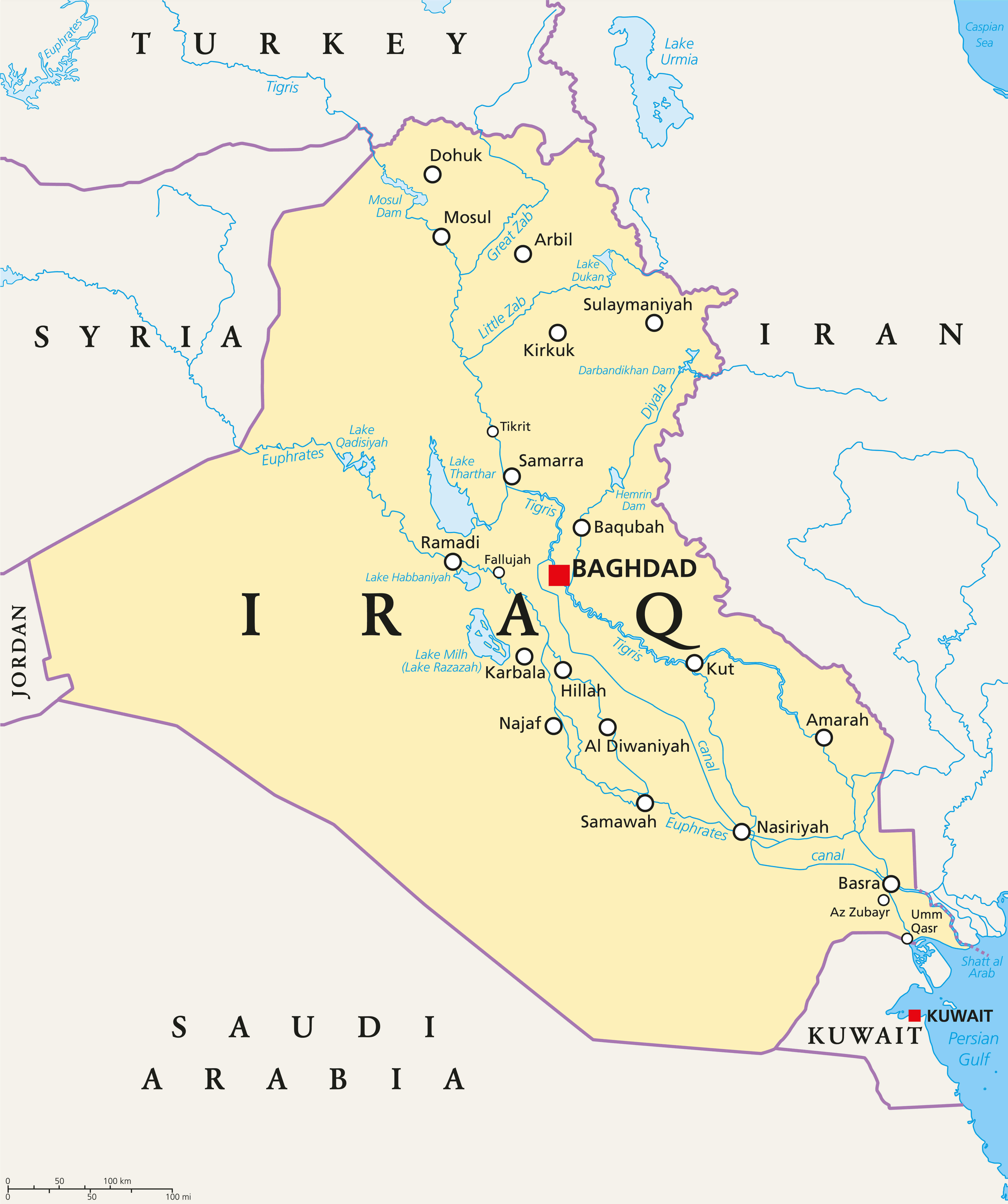 Iraq map with major cities