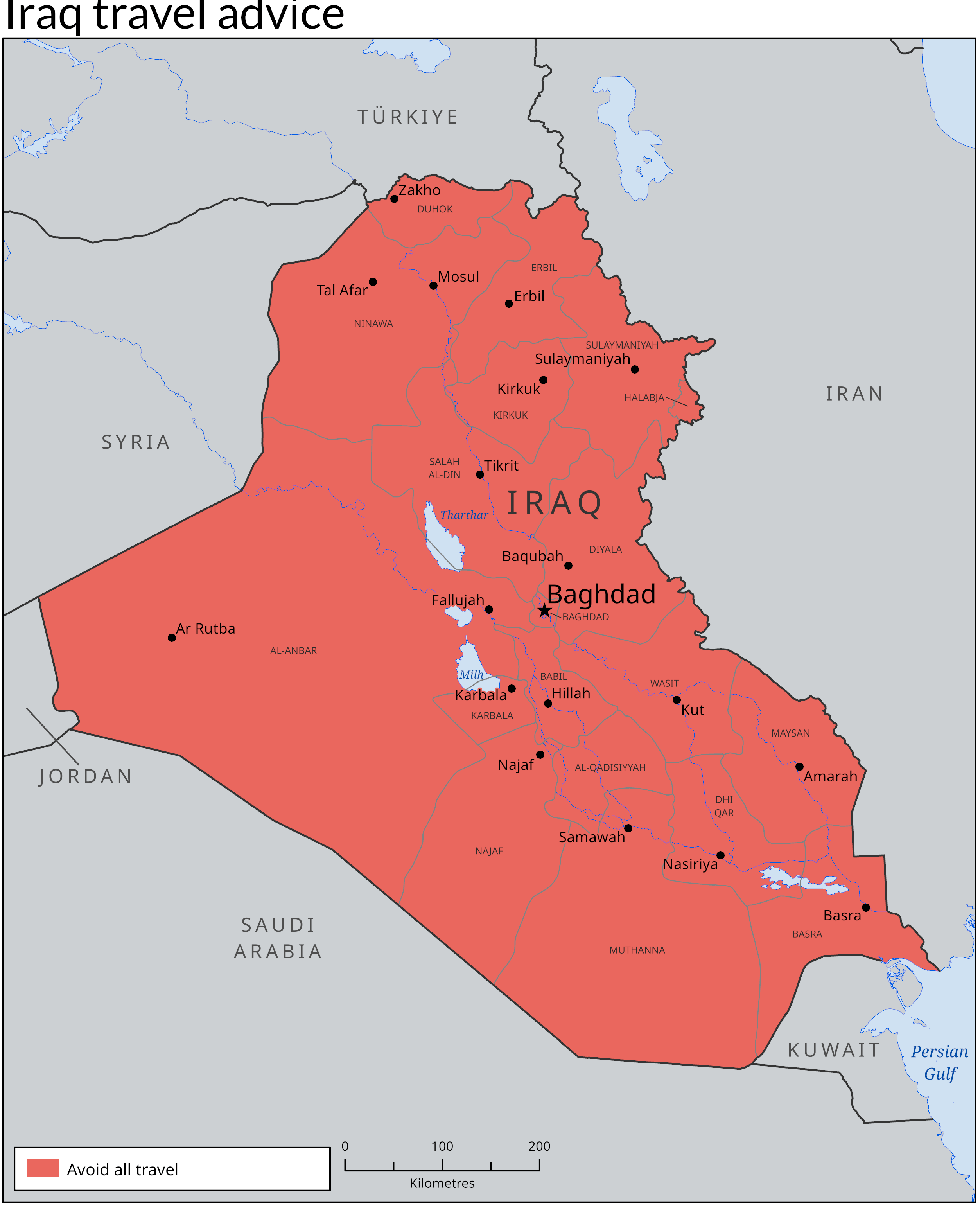 Iraq travel avoid map with cities