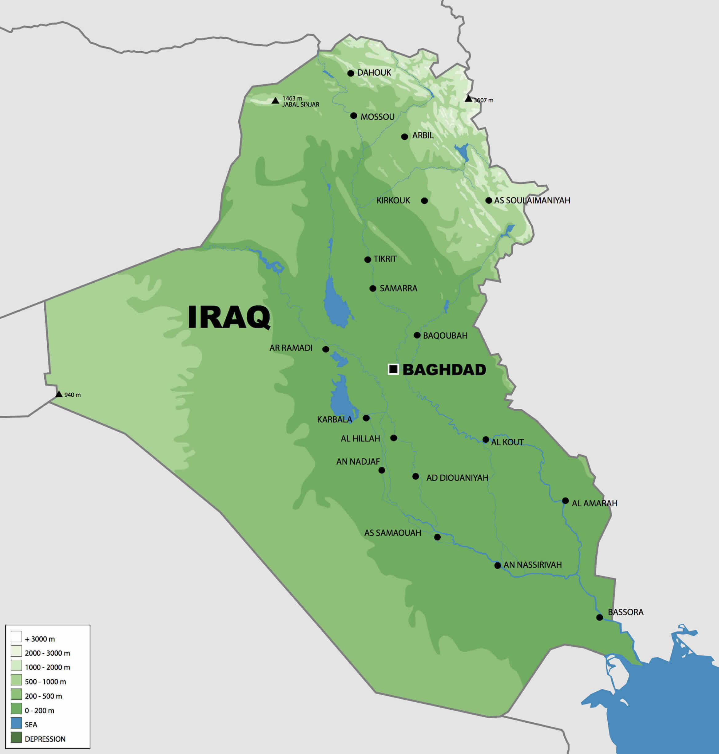 Elevation map of Iraq with major cities