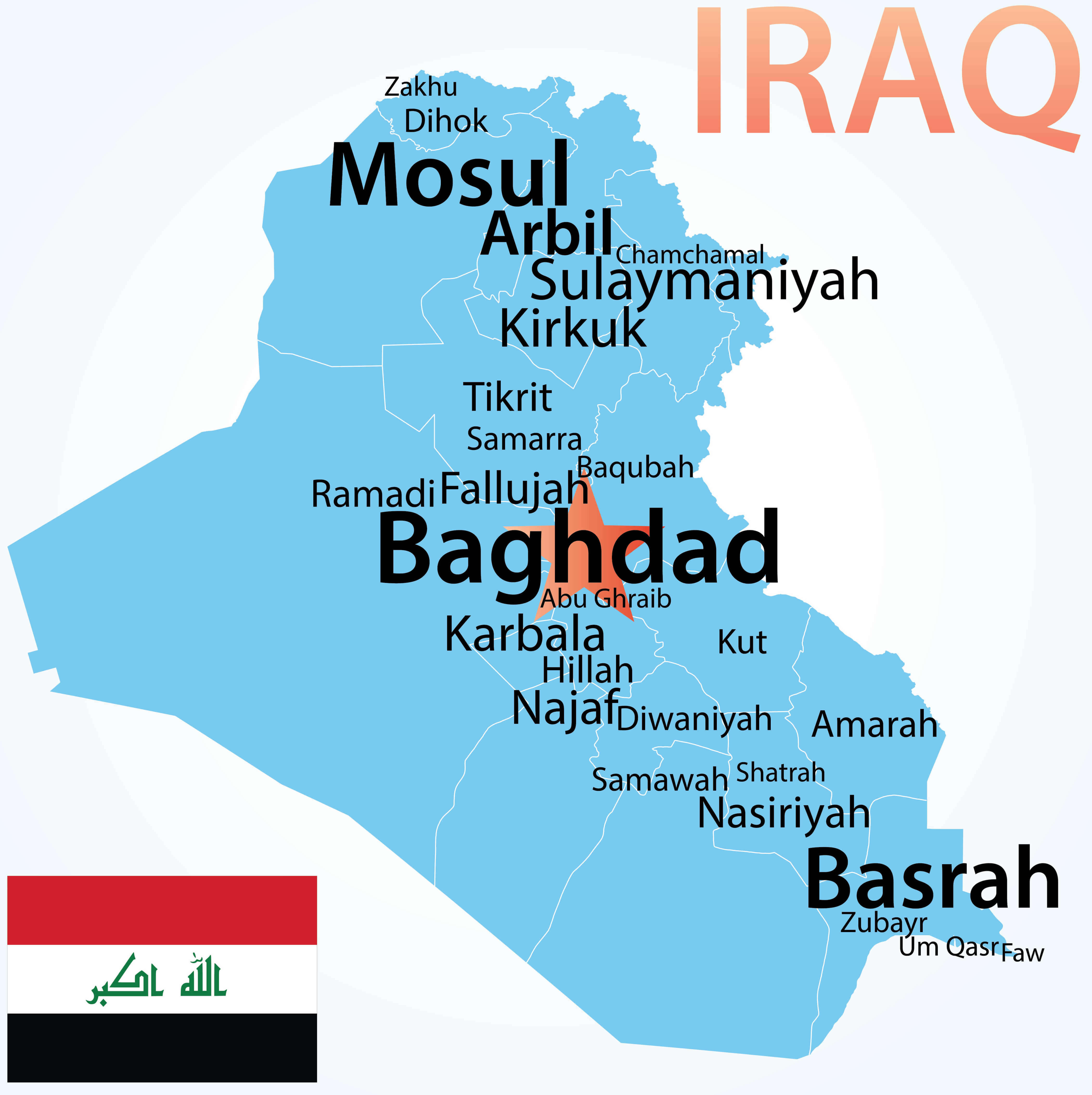 Iraq map with largest cities