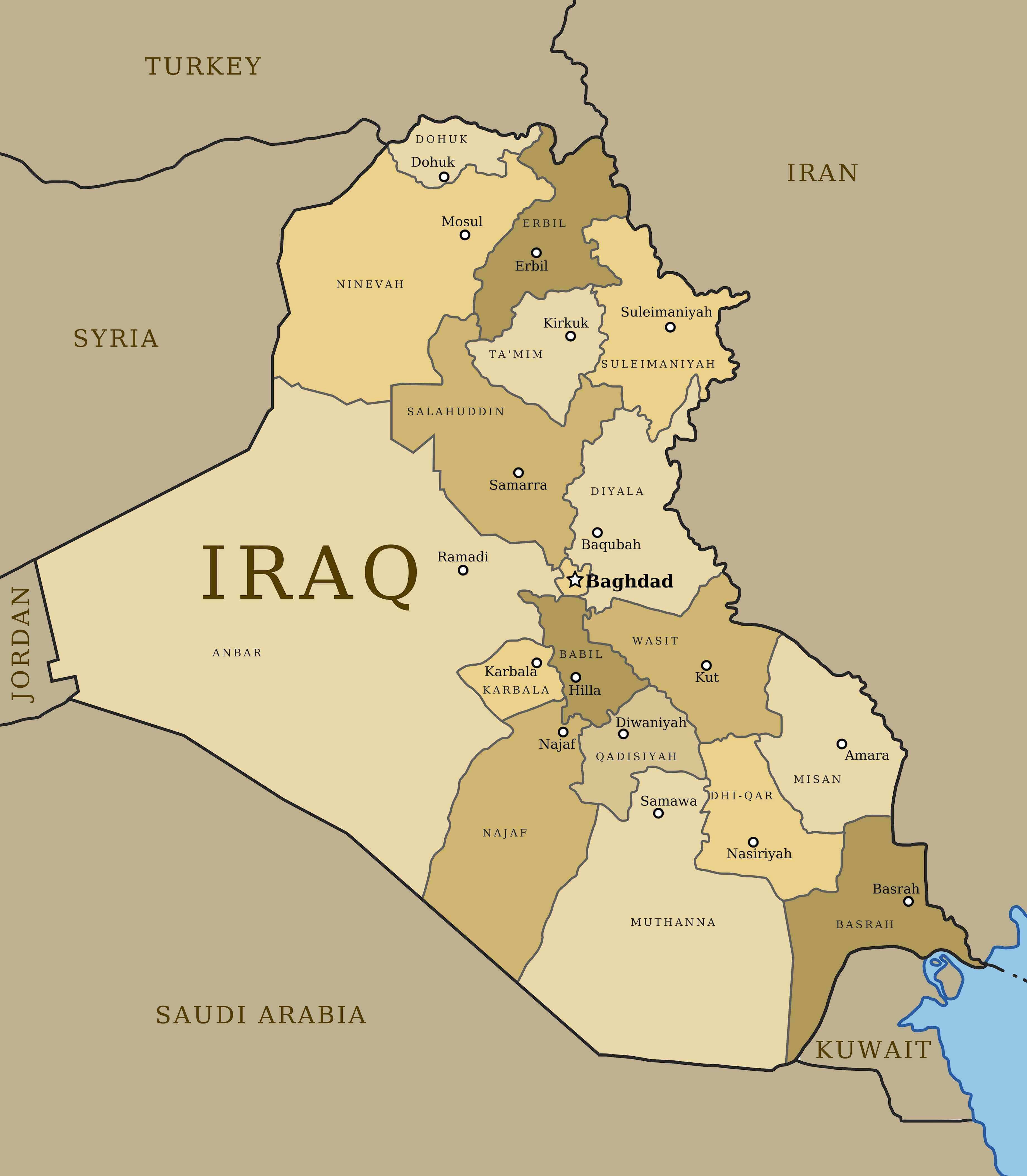 Iraq physical and provinces map
