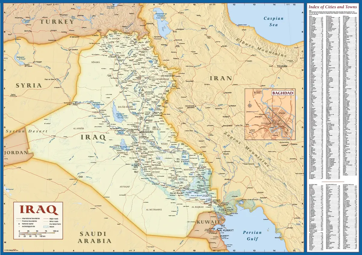 Iraq physical map with cities and towns