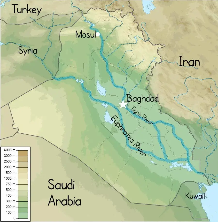 Iraq physical map with Euphrates and Tigris