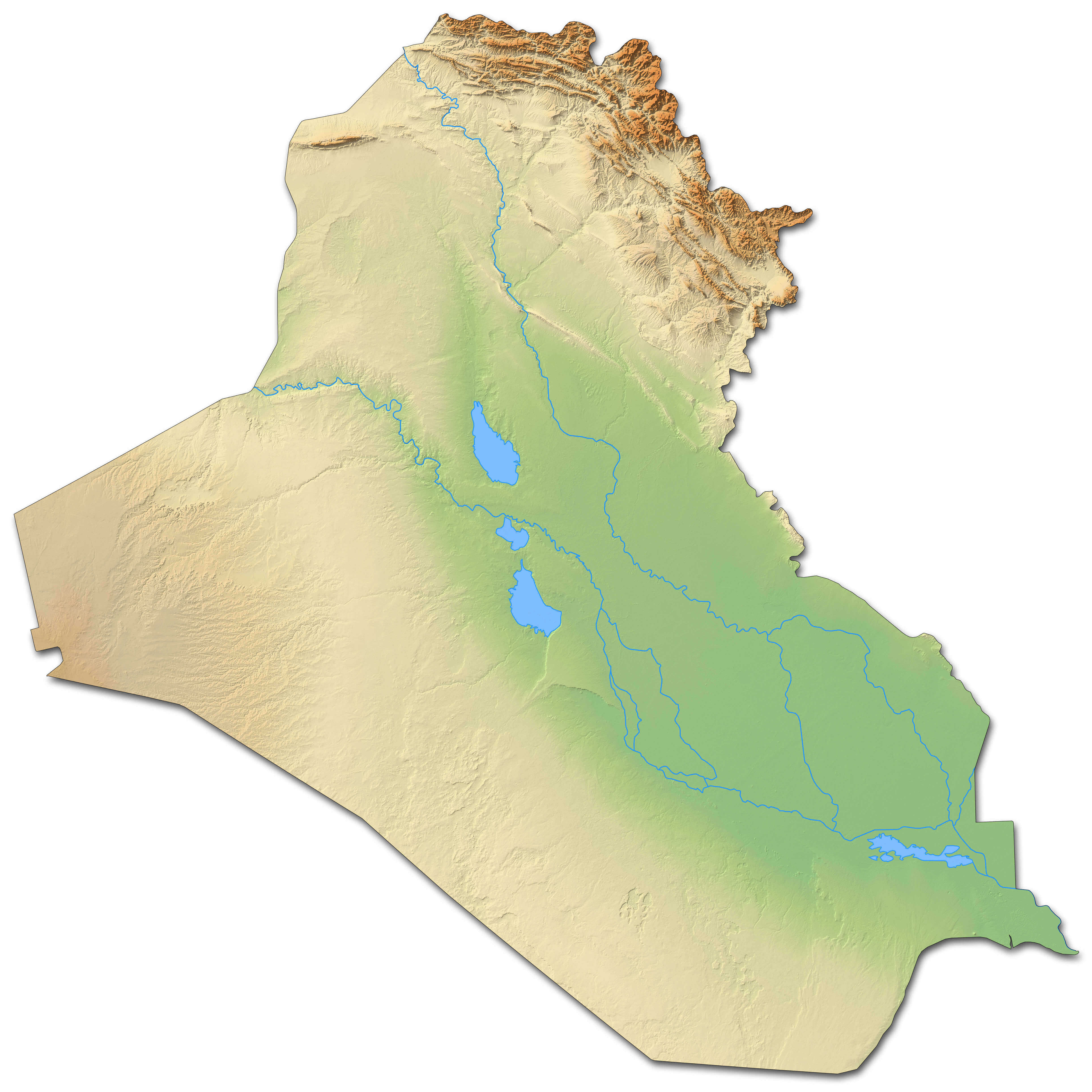 Iraq physical map with rivers lakes and mountains