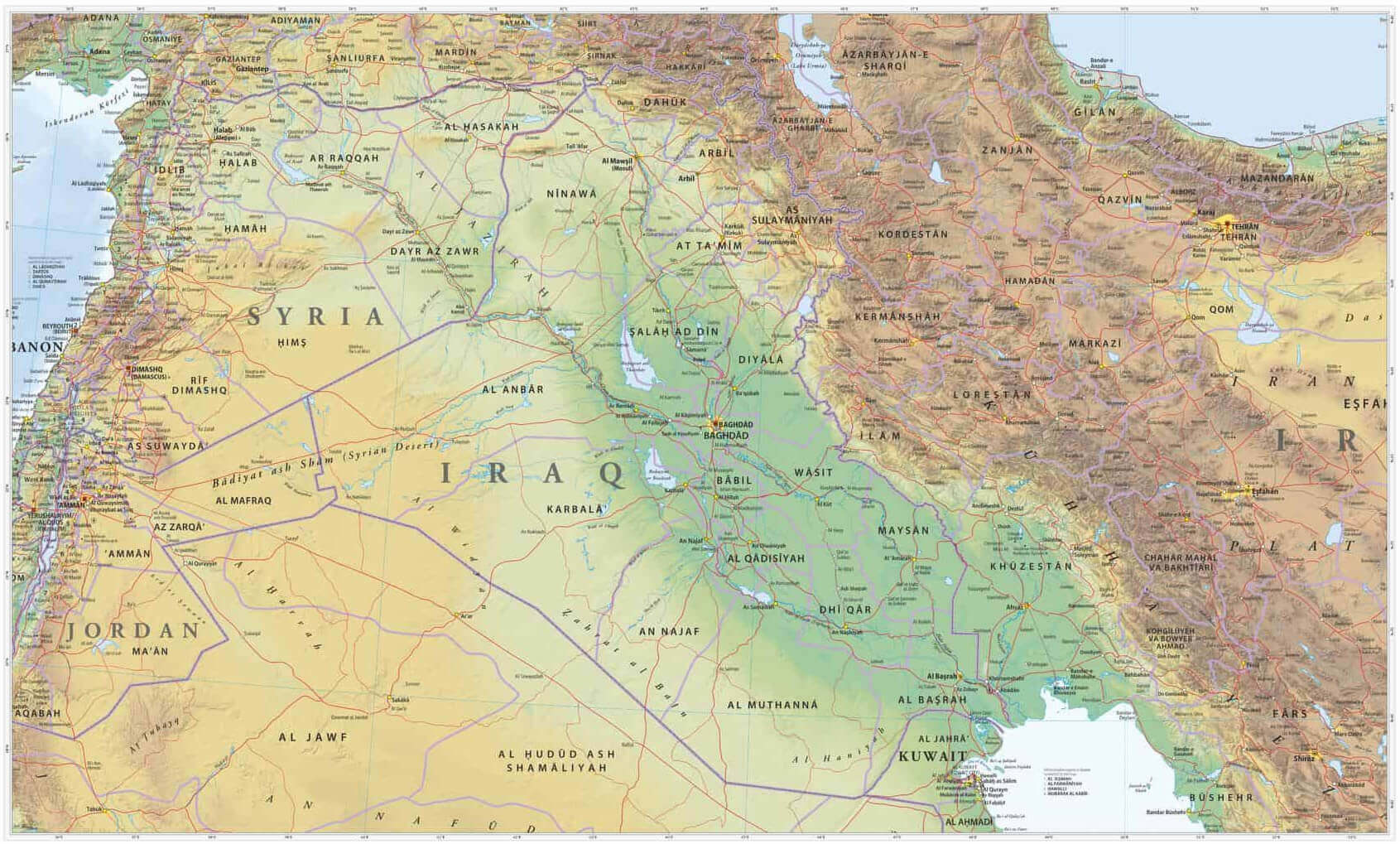 Large Iraq Physical Map Showing Terrain, Rivers, Cities and Neighboring Countries