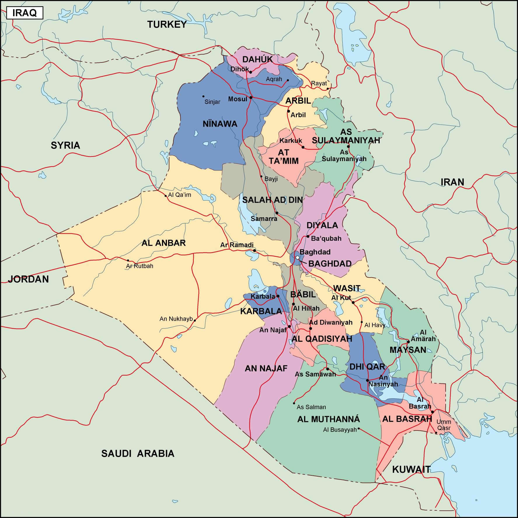 Iraq political map with regions