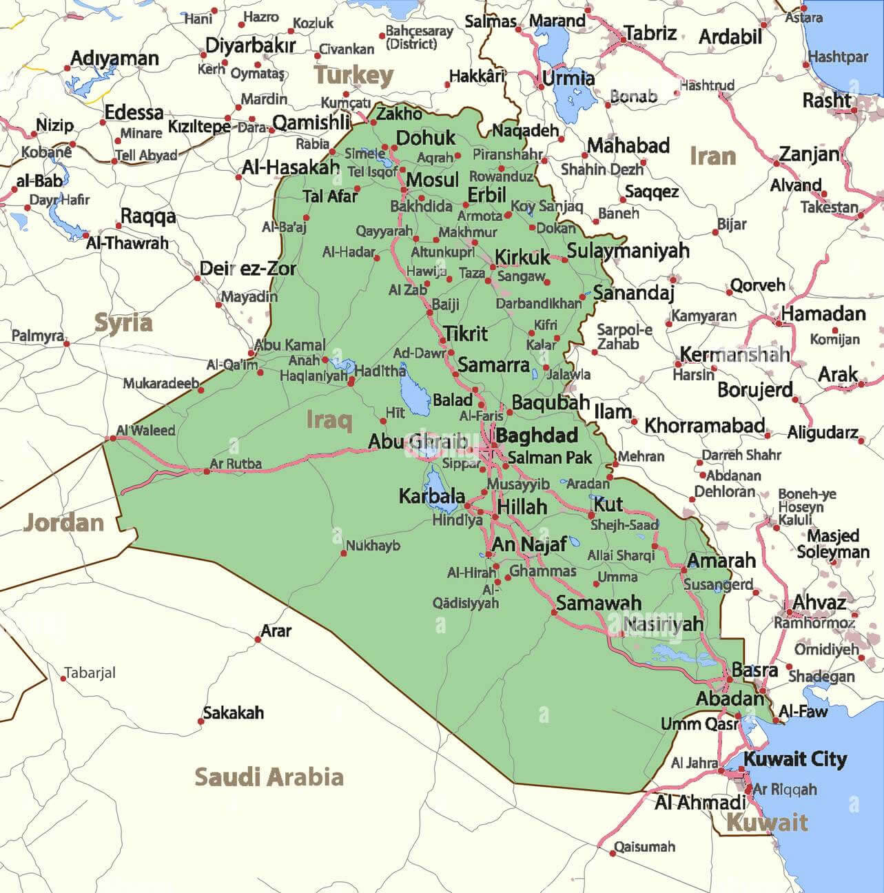Map of Iraq borders urban areas place and roads