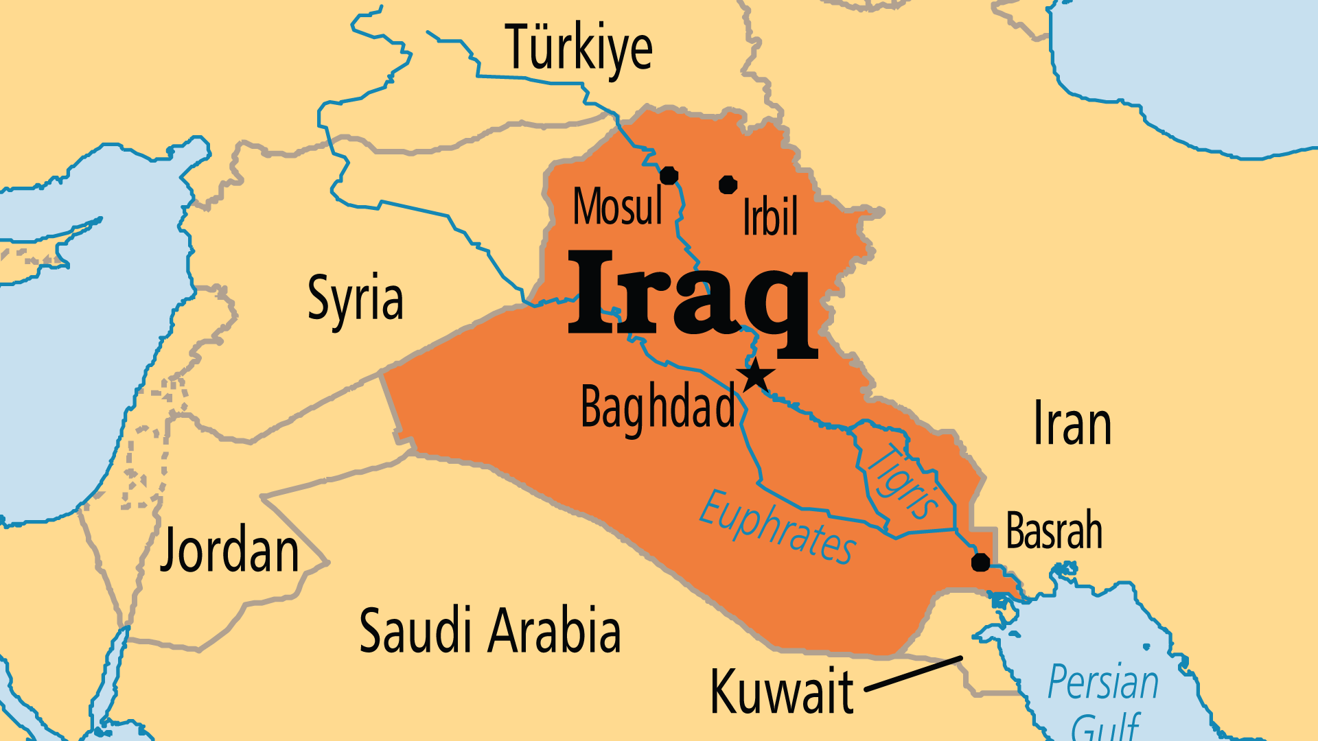 Middle East countries map with Iraq