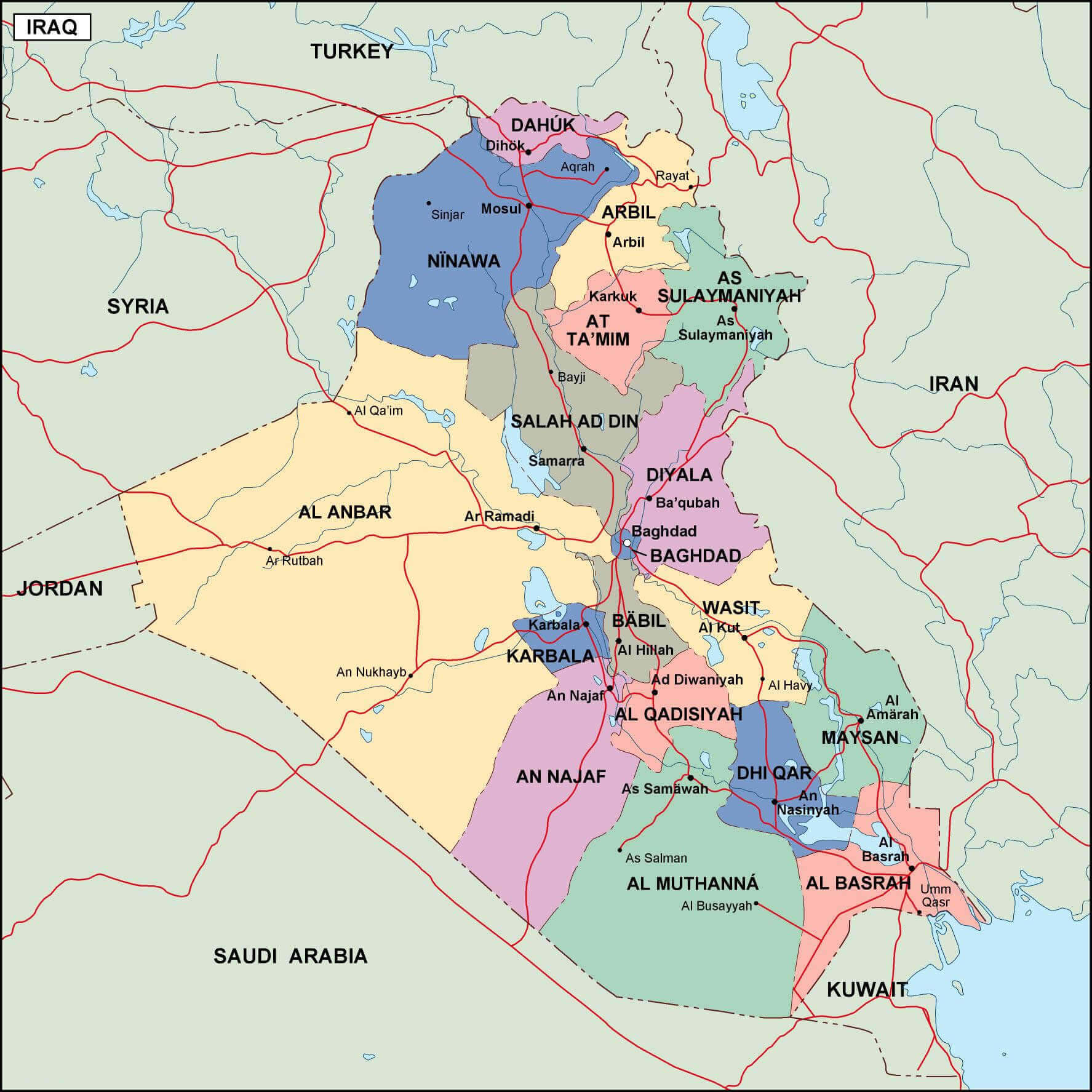 Iraq political map with regions