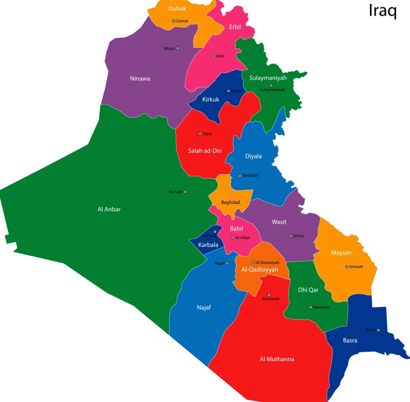 Iraq regions map with major cities