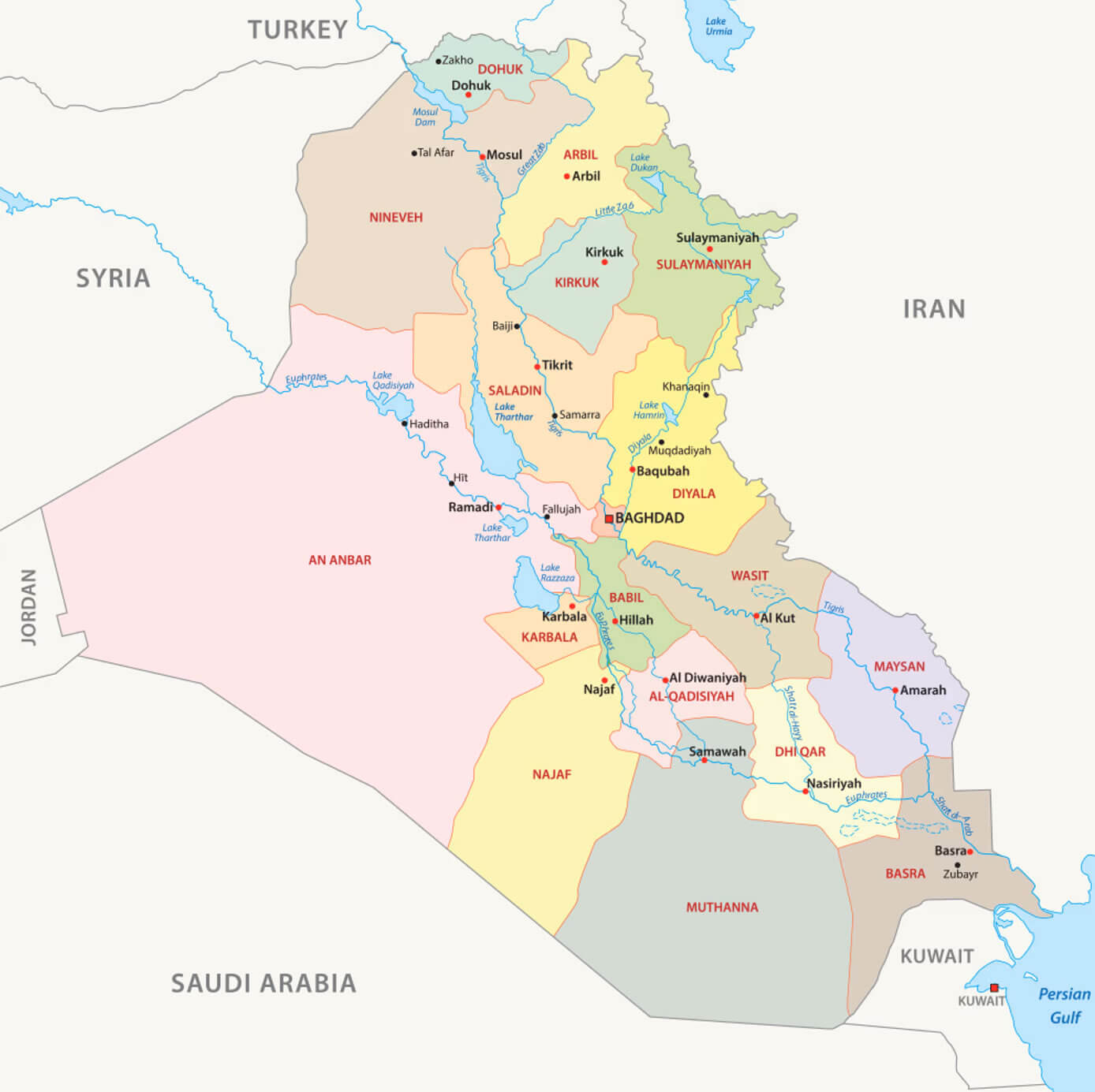 Iraq regions map with rivers and cities