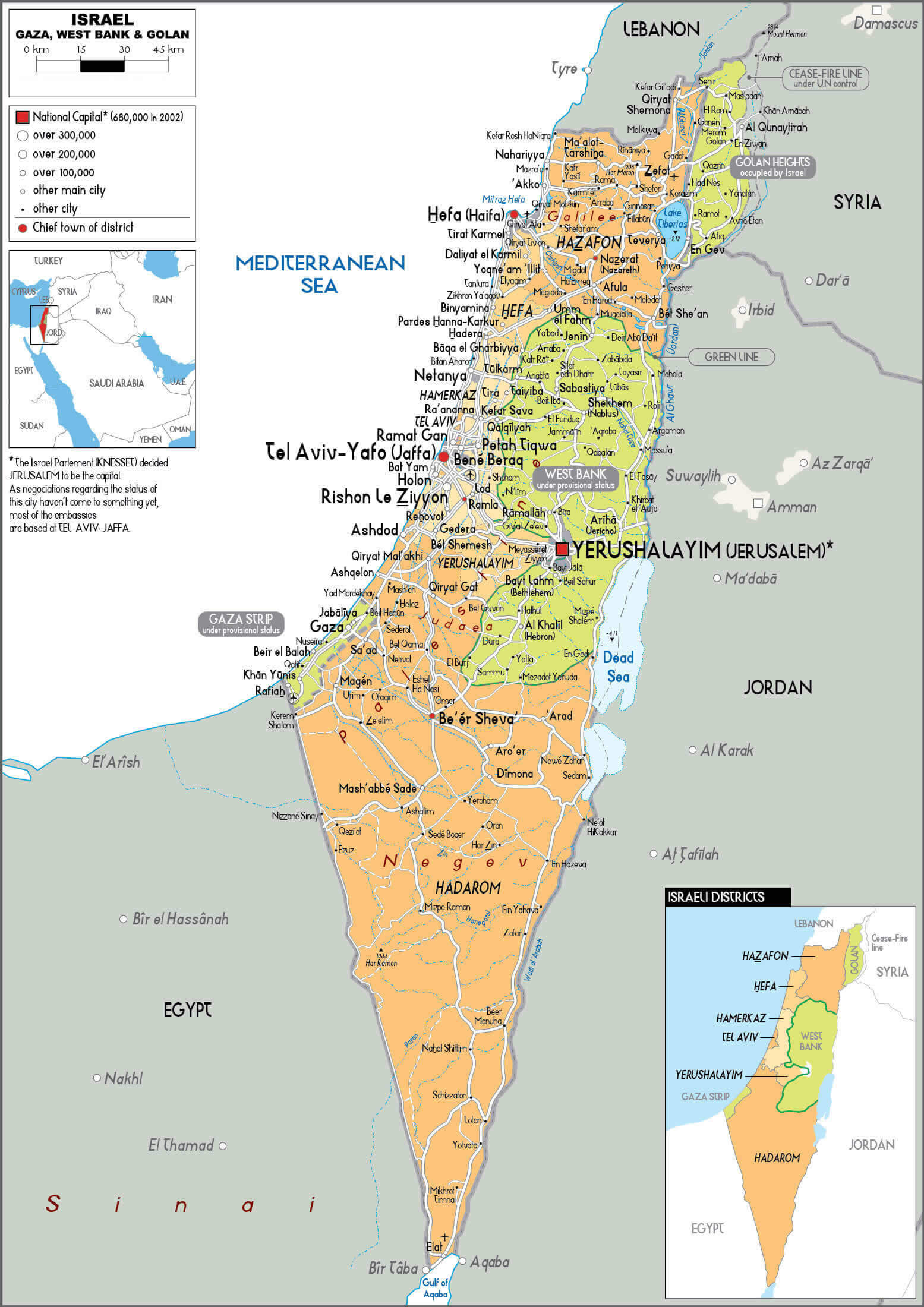 Israel national border map with cities