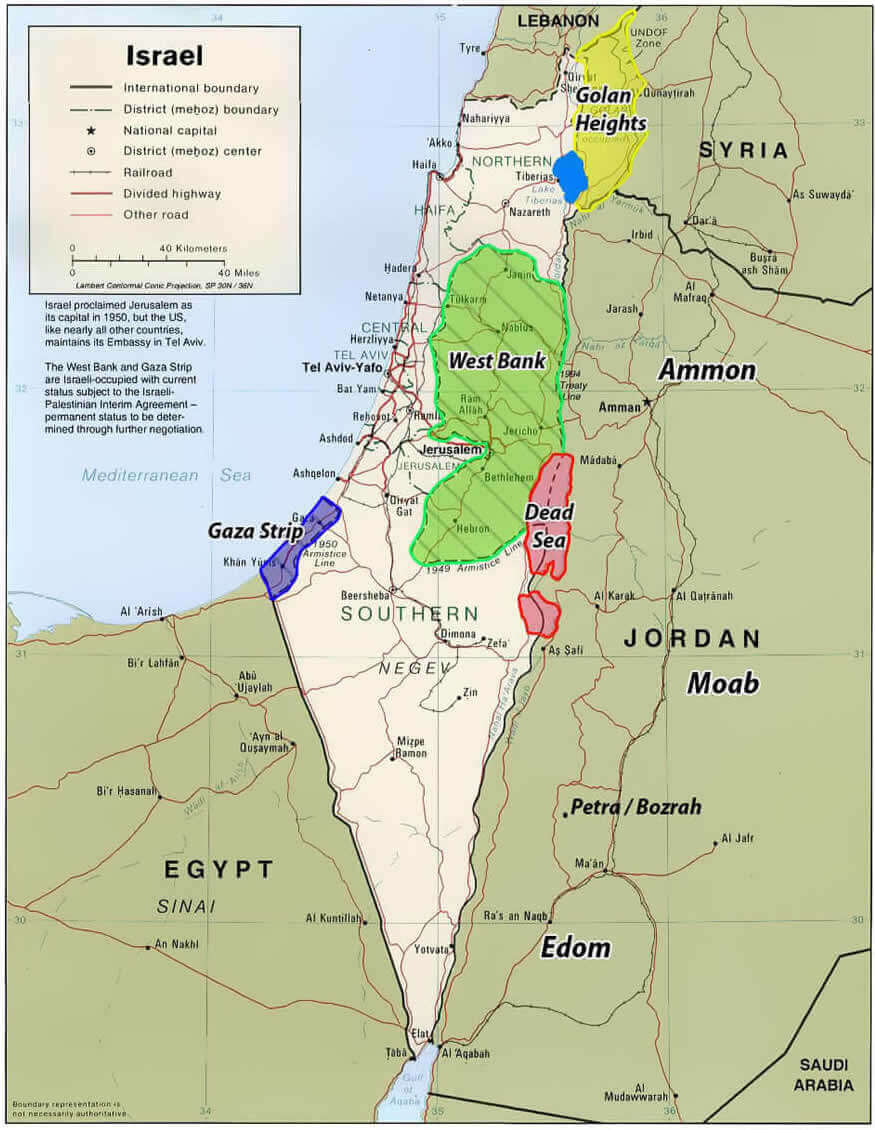 Israel international boundary map with highways
