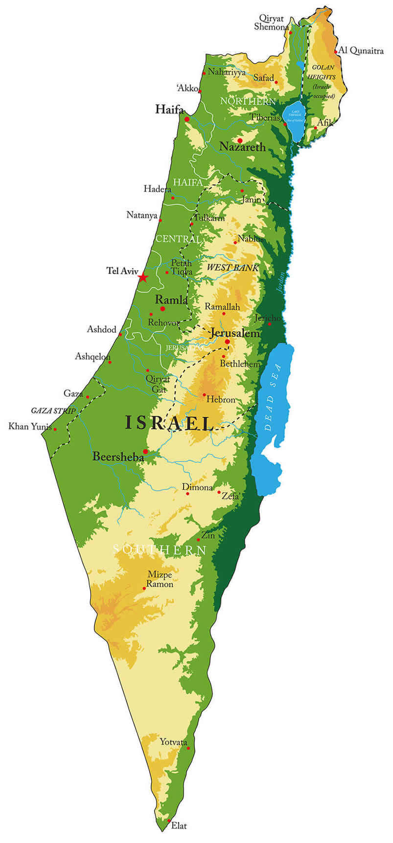 Israel physica map with major cities