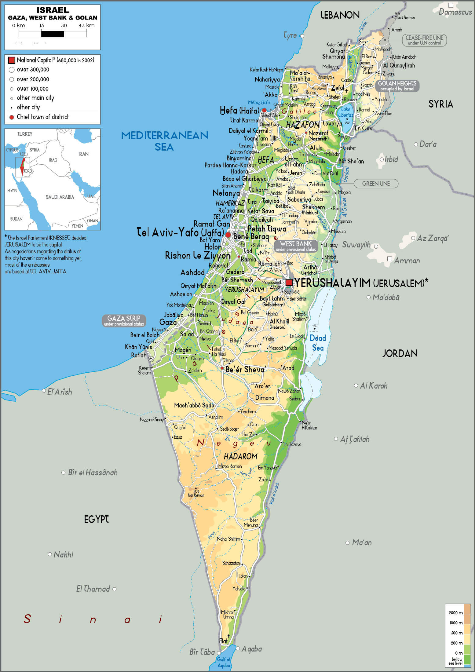 Israel Physical Map with Elevation and Major Cities