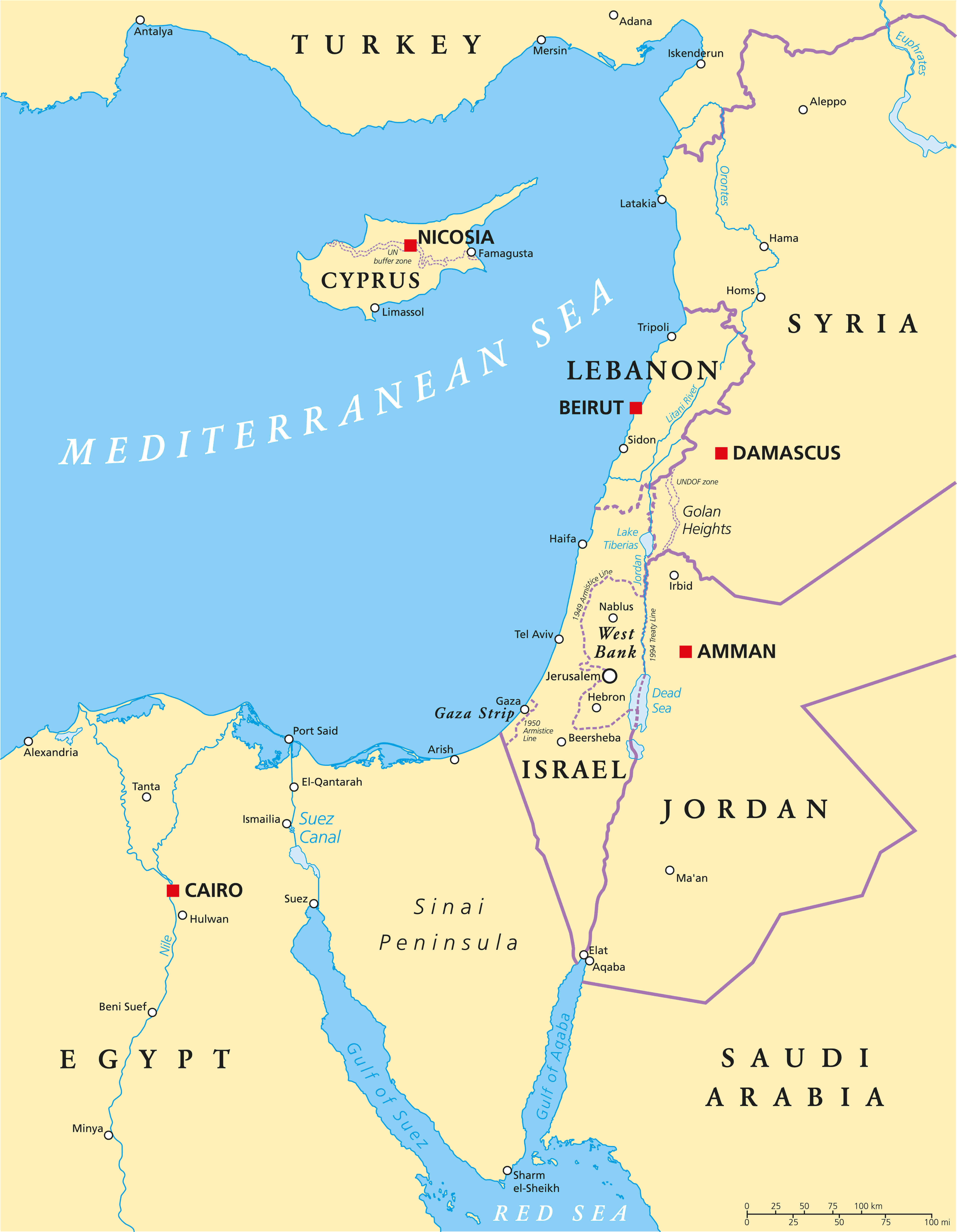 Israel eastern mediterranean political map