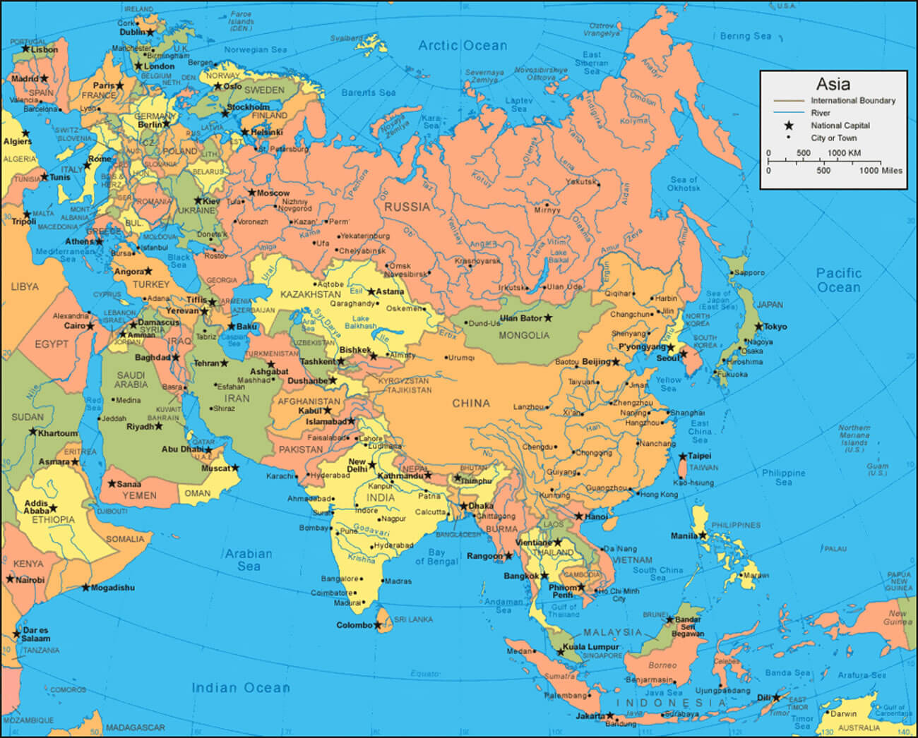 Asia cities political map with china