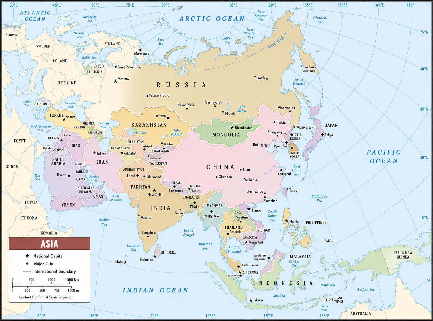 Asia political continent map 2012