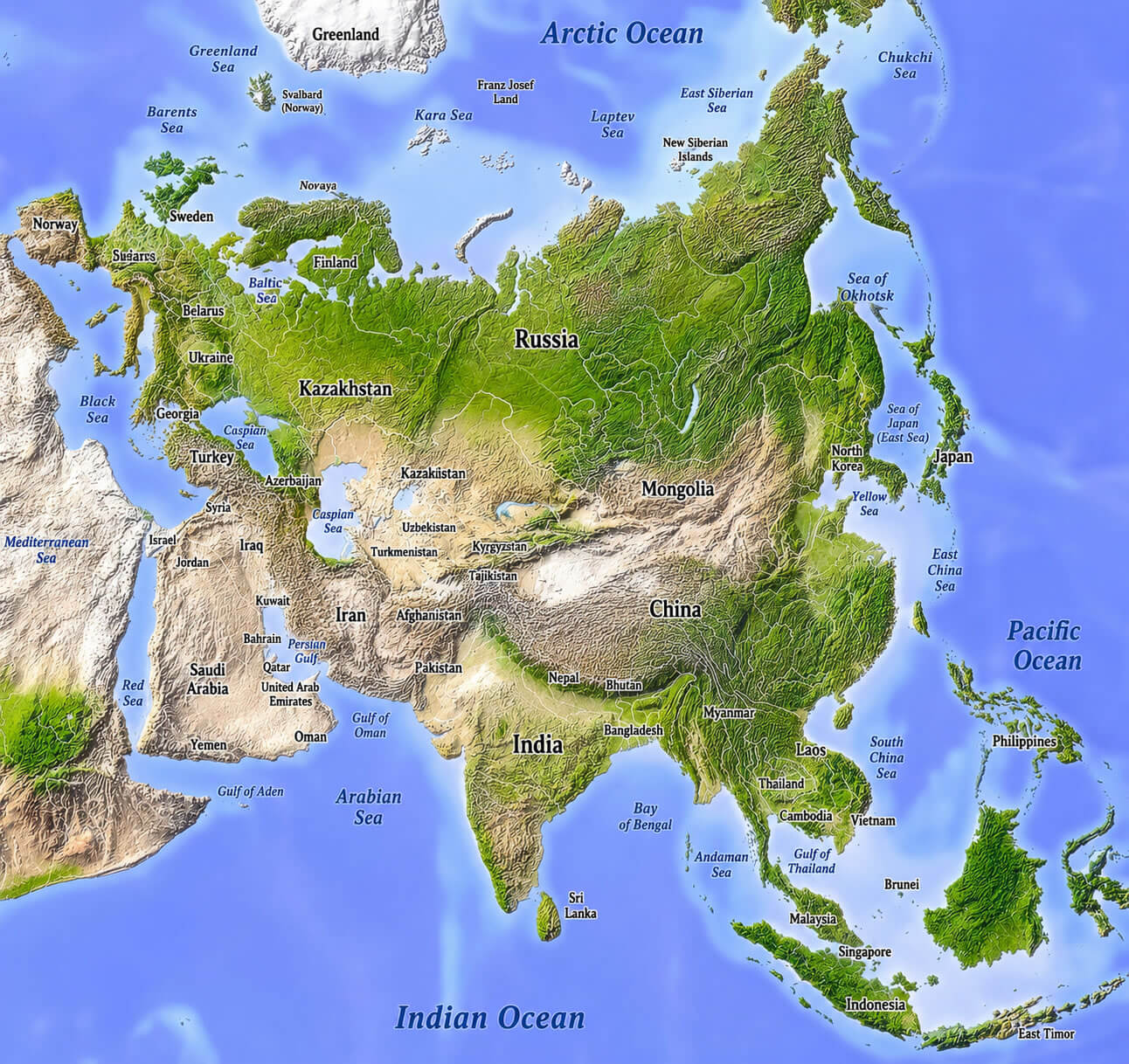 Asia relief detailed map