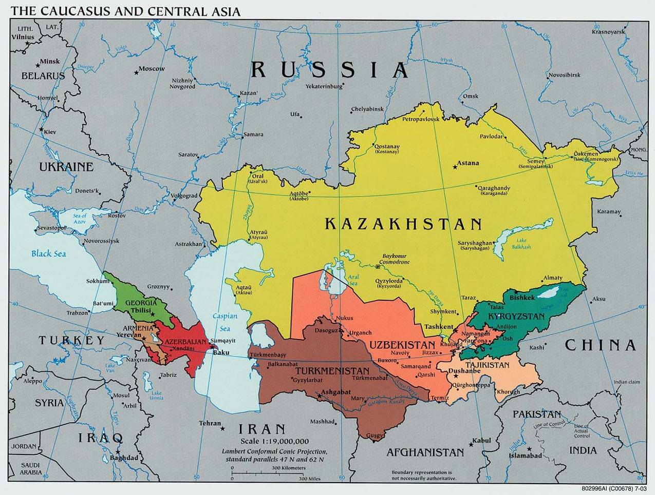 Caucasus Central Asia political map 2003