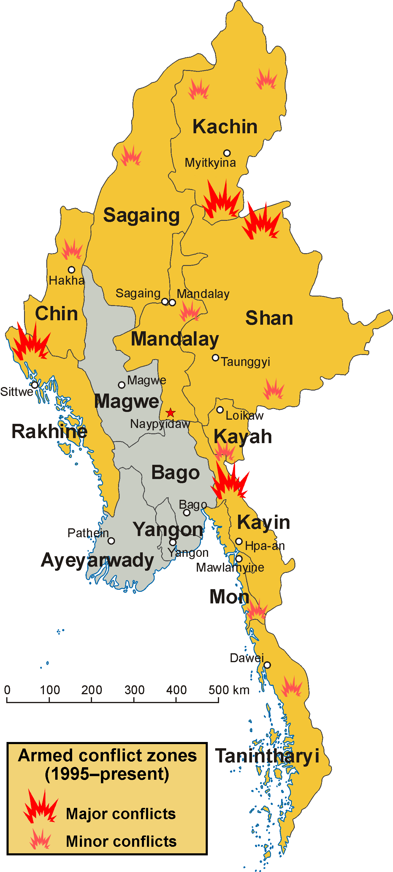 Armed conflict zones in Myanmar