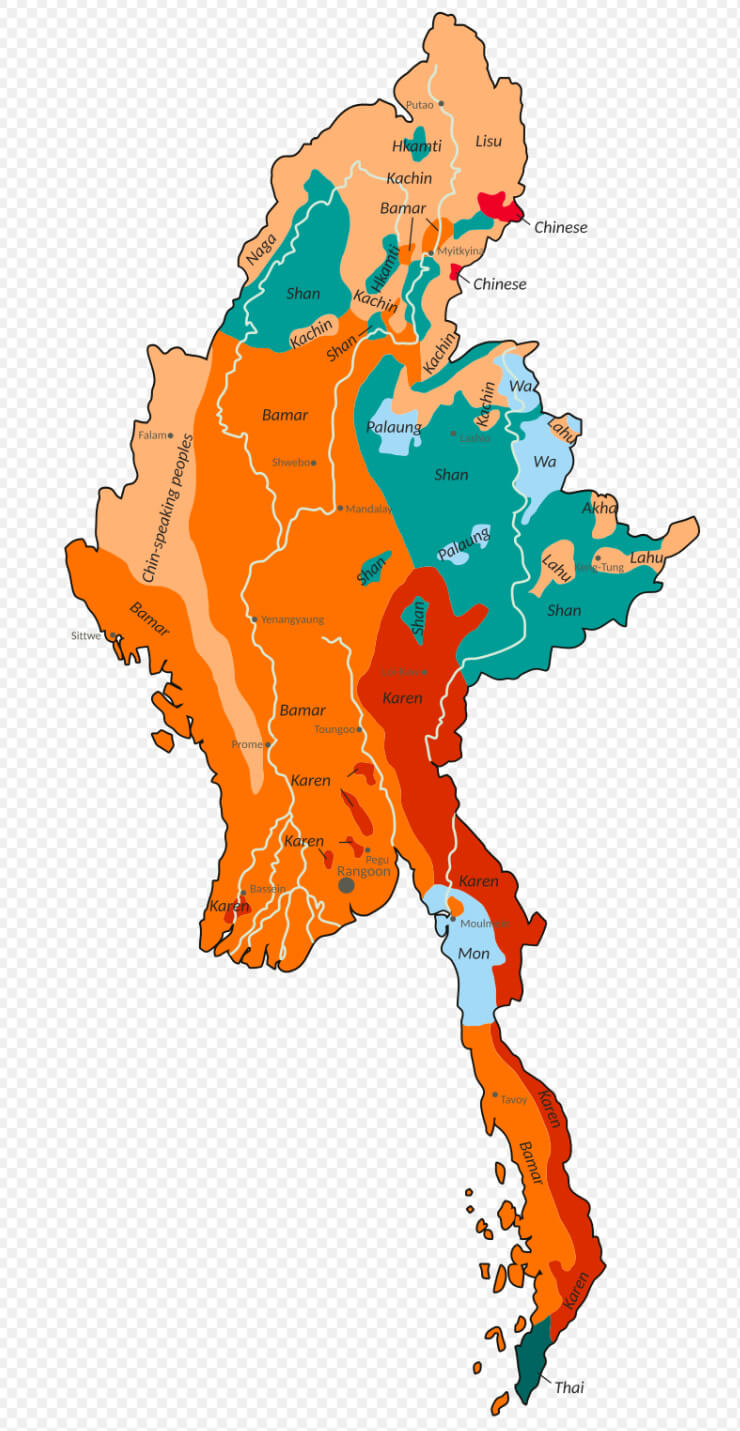 Ethnolinguistic groups map of Burma Myanmar
