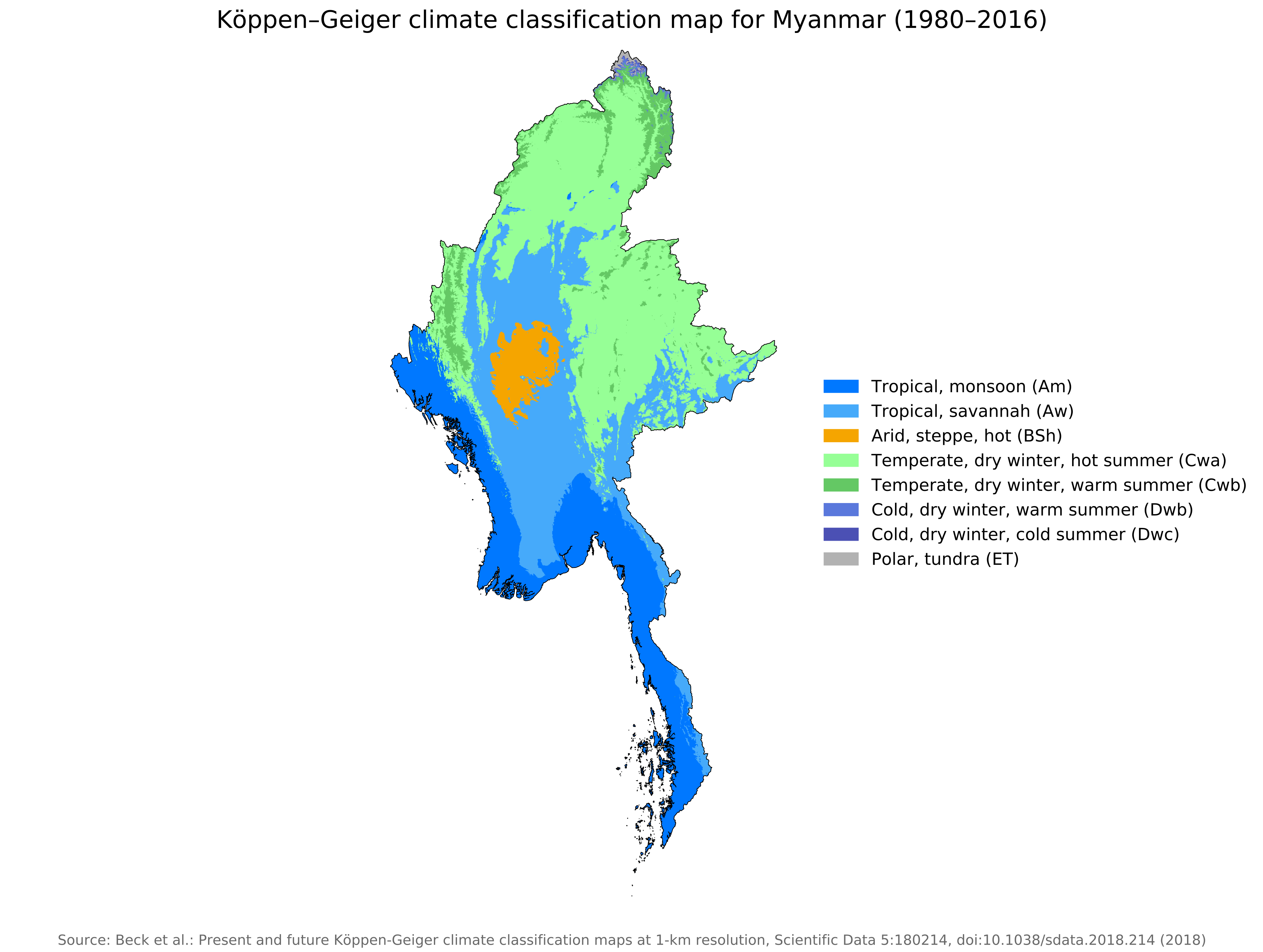 Koppen Geiger climate map of Myanmar