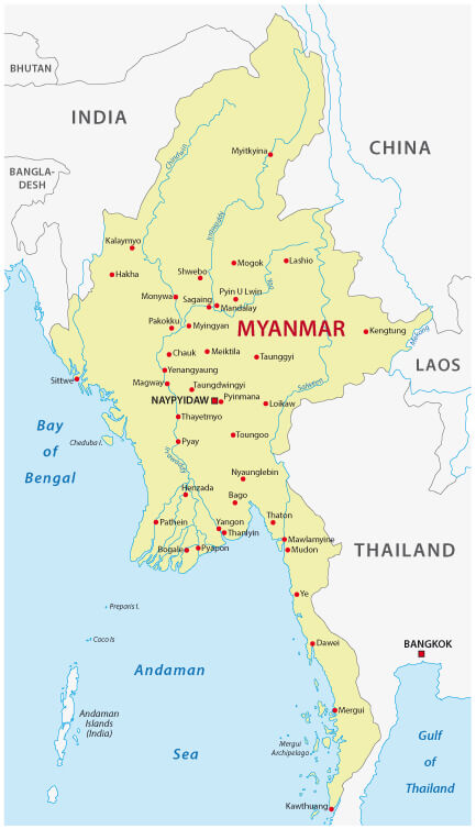 Myanmar (Burma) Country Map with Major Cities and Borders