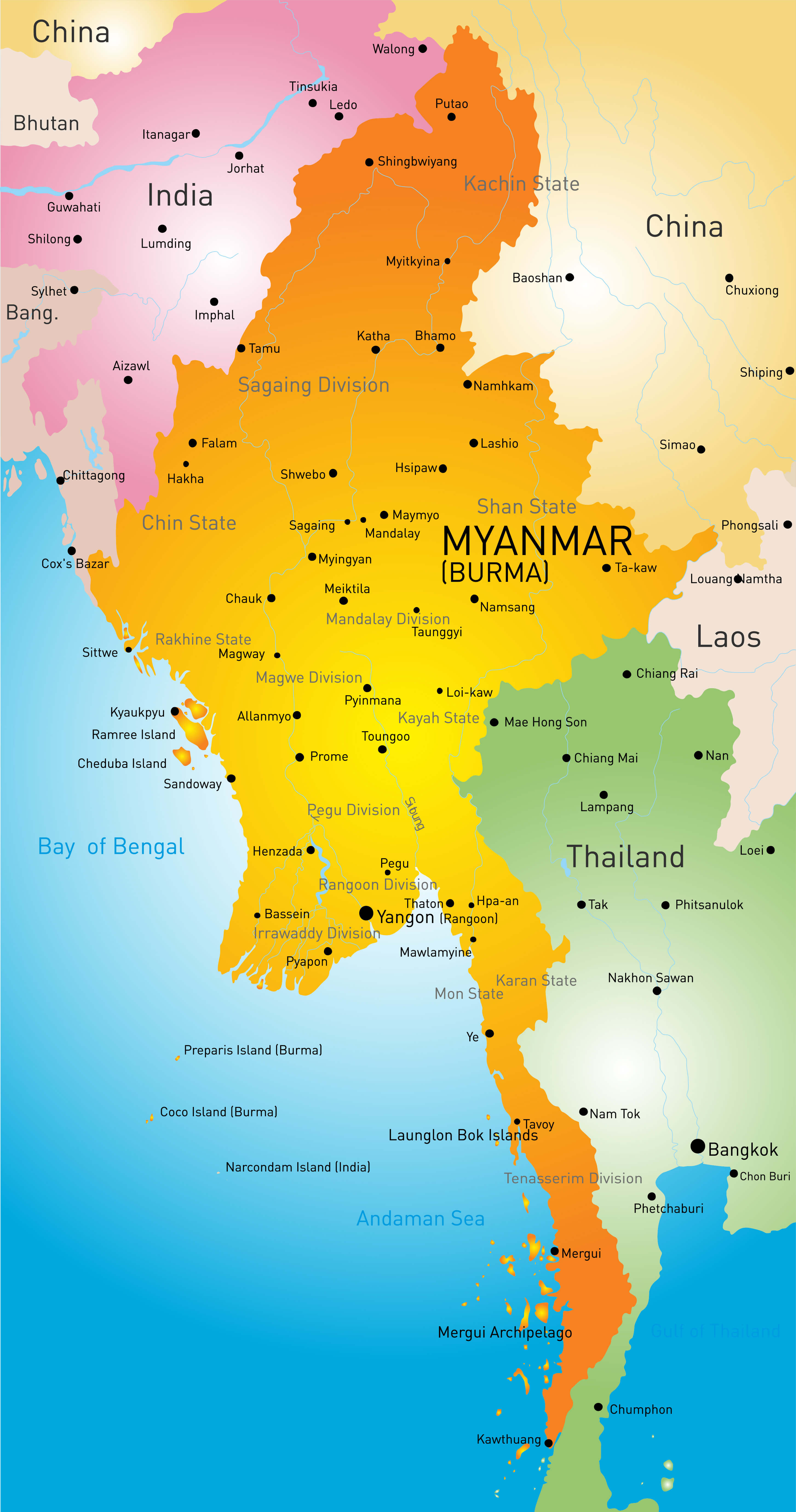 Political Map of Myanmar (Burma) with States and Major Cities