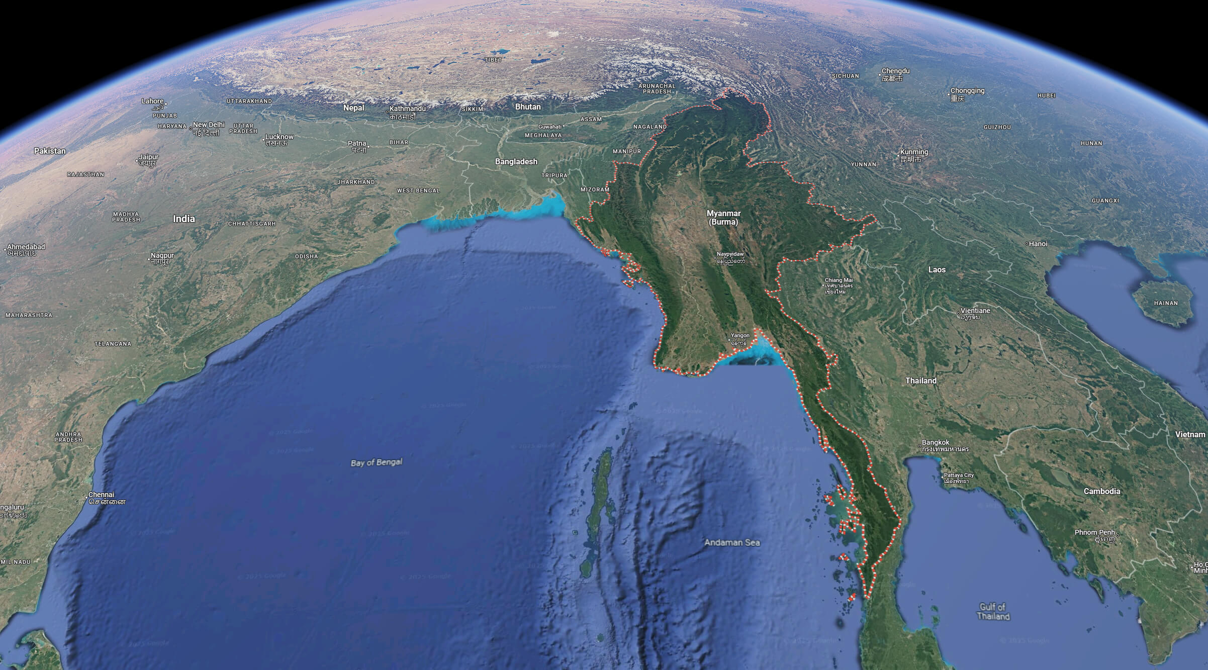 Myanmar Burma satellite map from space