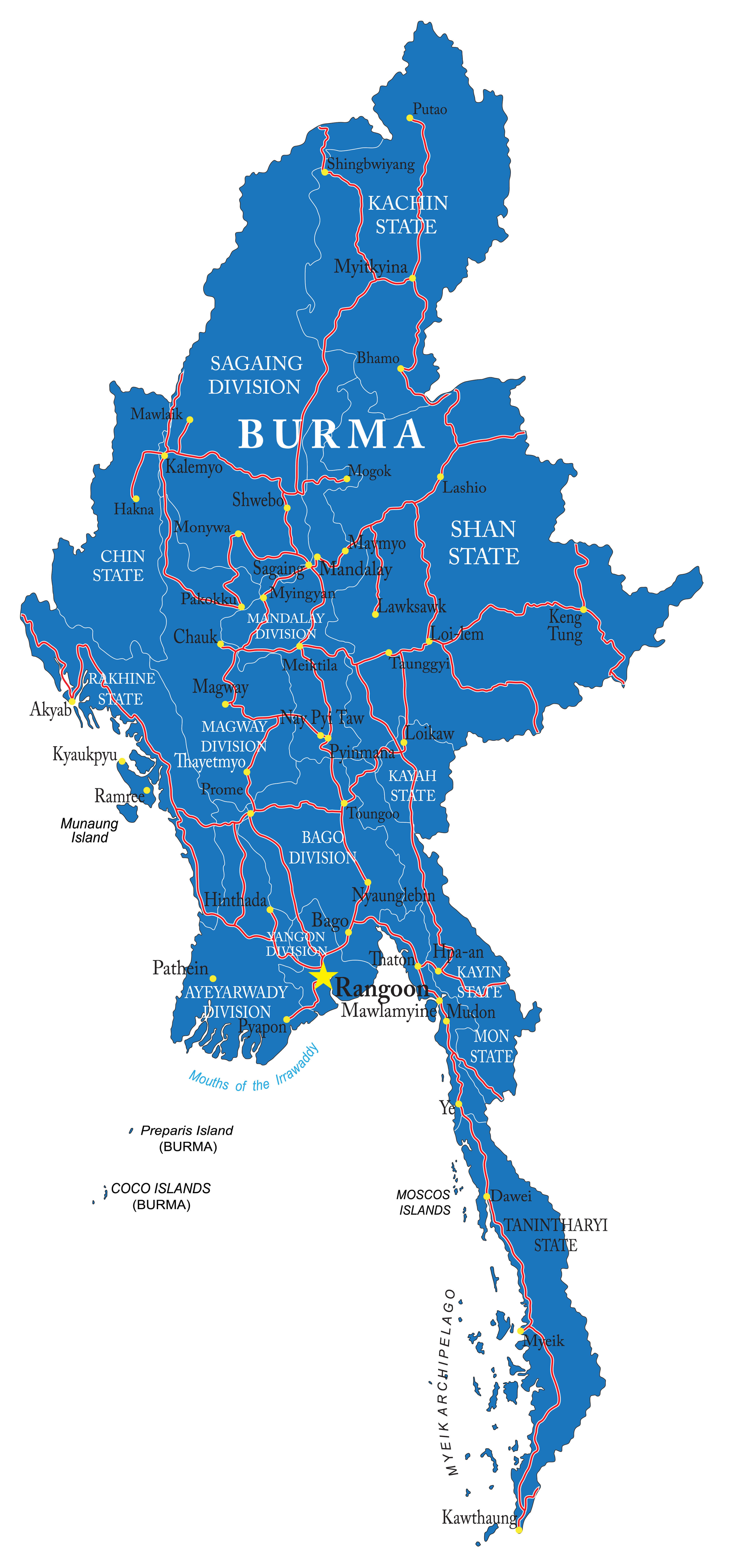 Map of Myanmar with Cities and Main Road Network