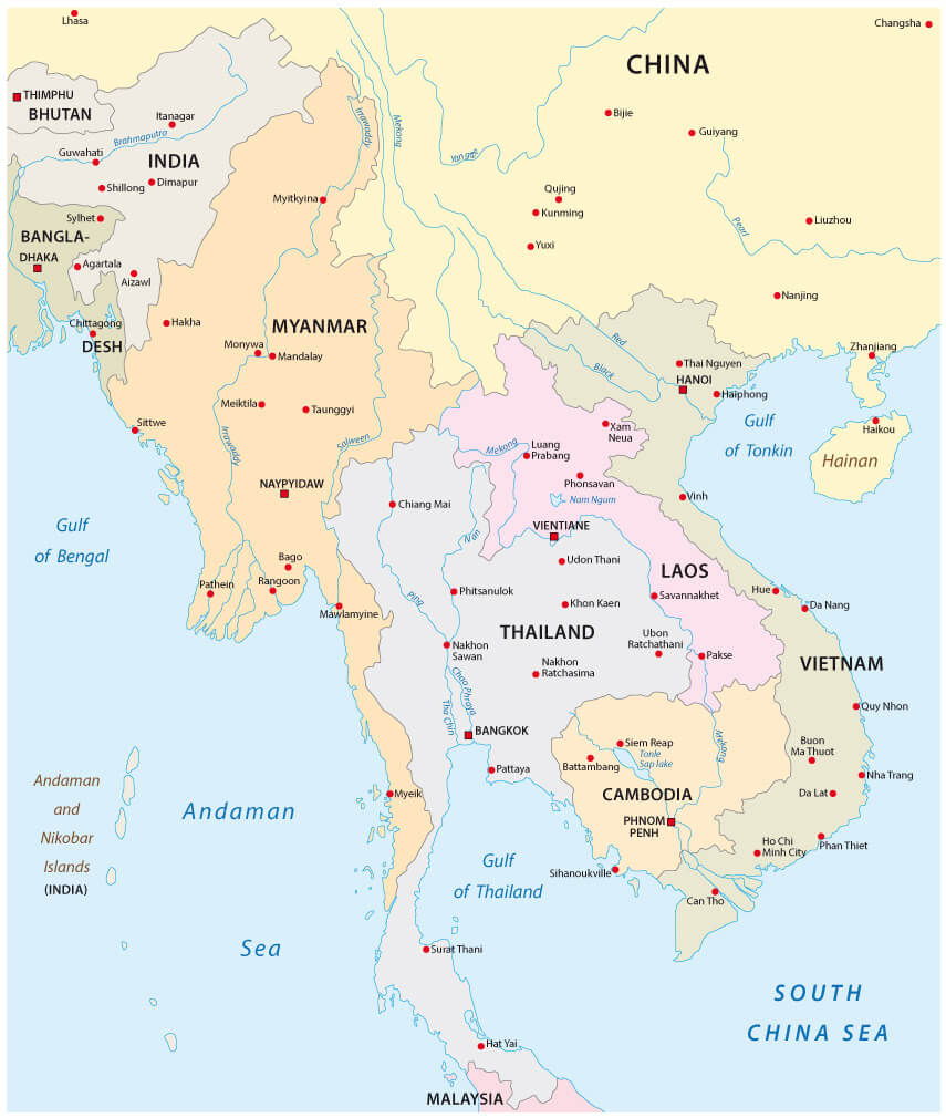 Myanmar map and south east asia