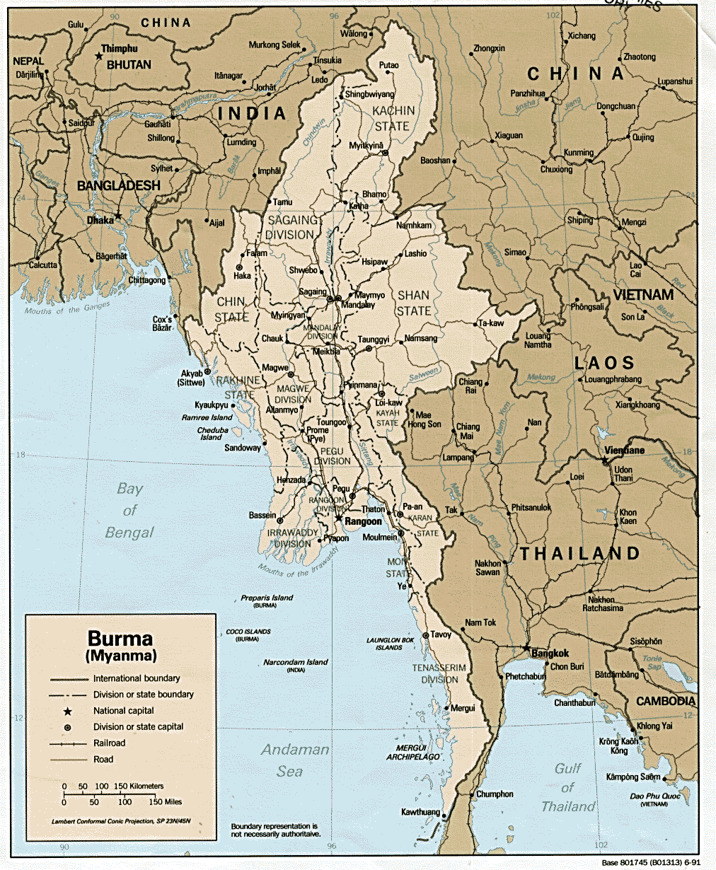 Map of Myanmar highlighting its borders with China, India, and Thailand