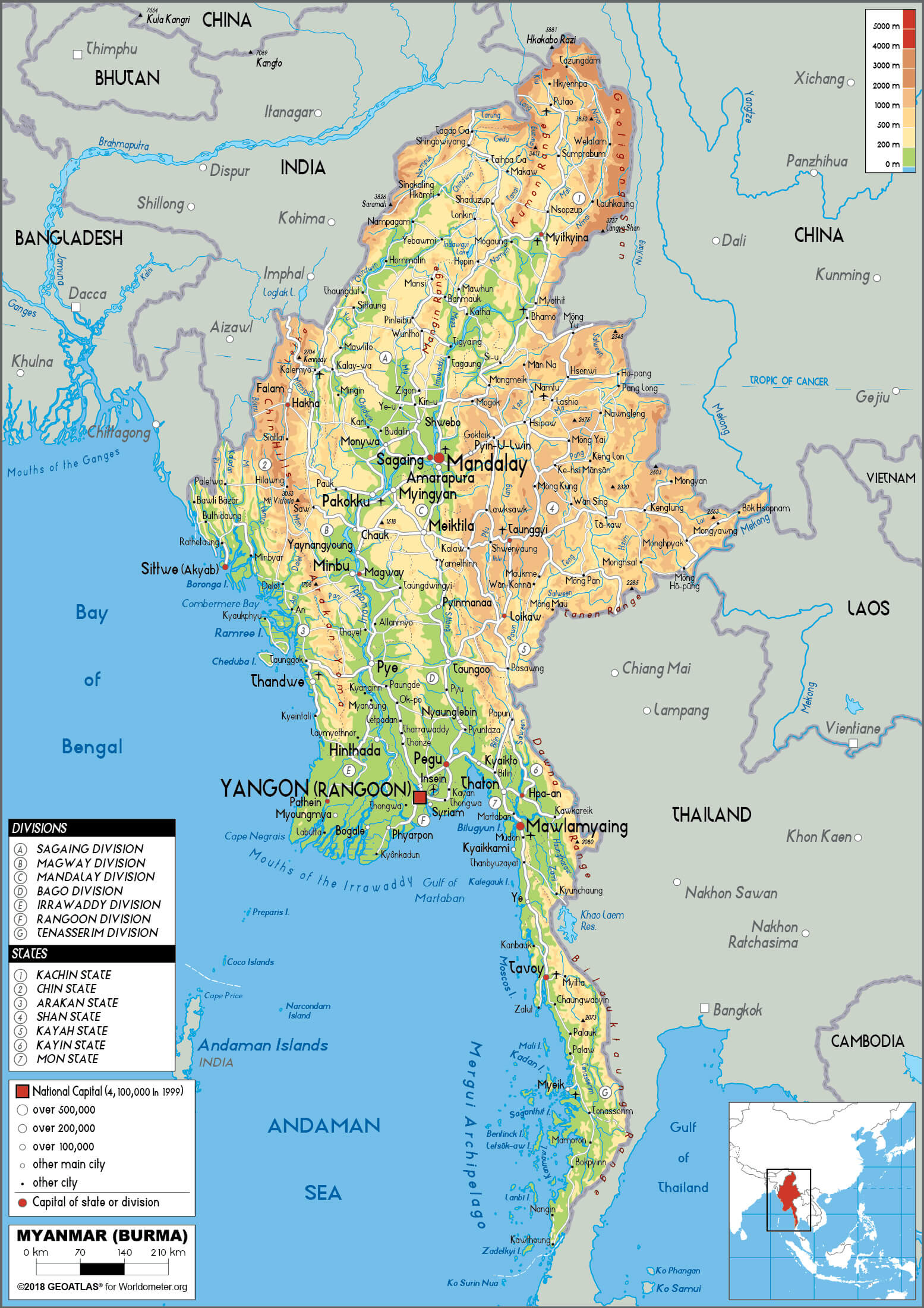 Myanmar (Burma) Physical Map with Elevation and Terrain Details