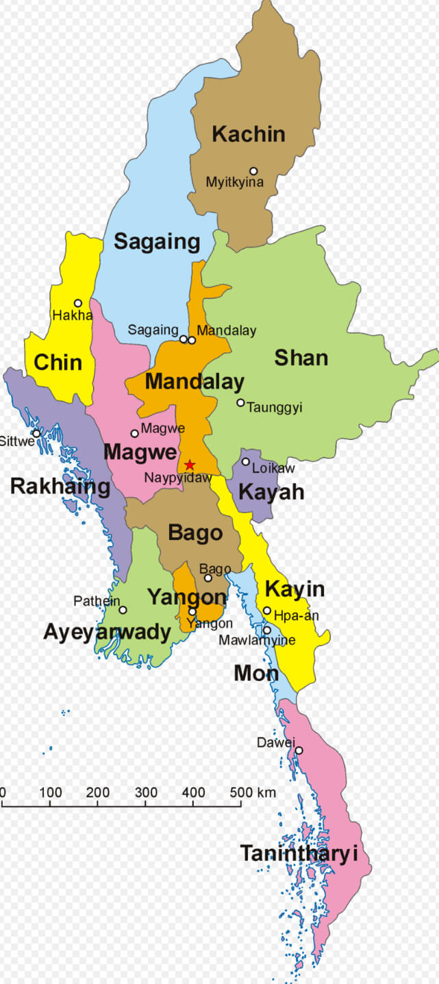 Myanmar political map showing states and regions with capitals