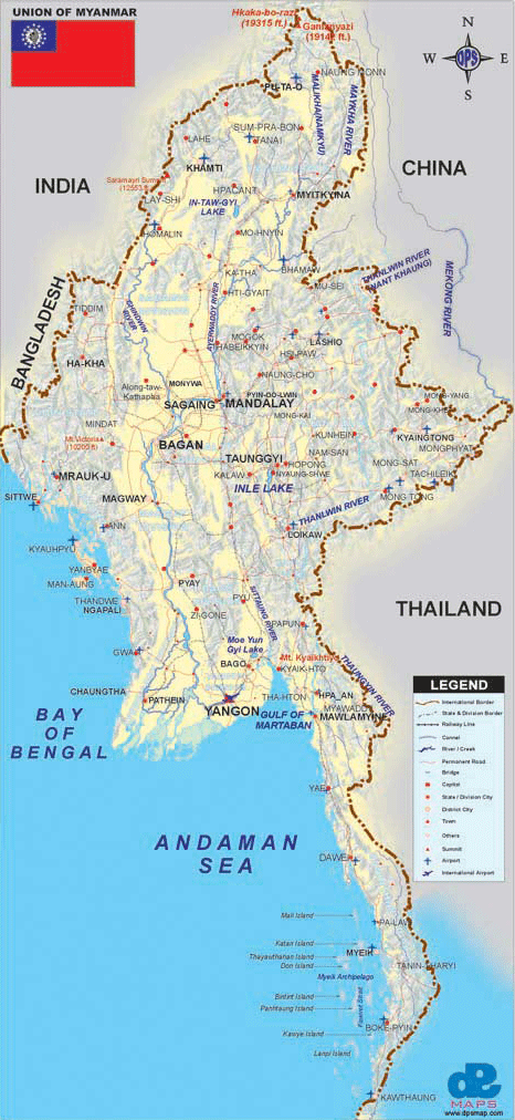 Myanmar regional map showing cities, rivers, and international borders