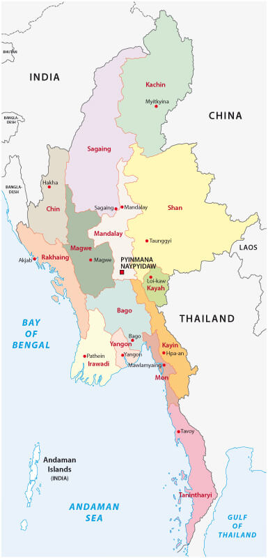Myanmar regions map with main cities