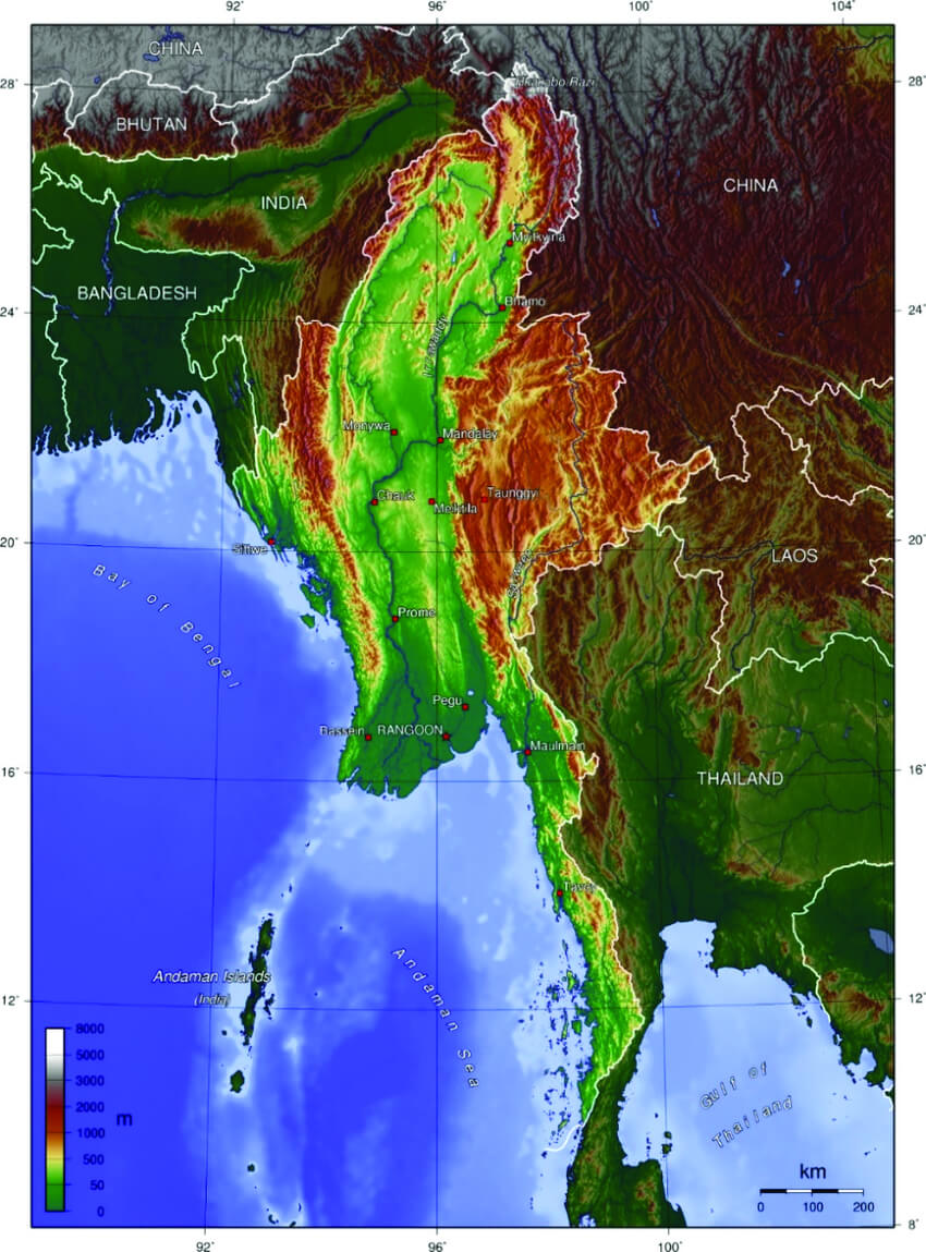 Myanmar topography map