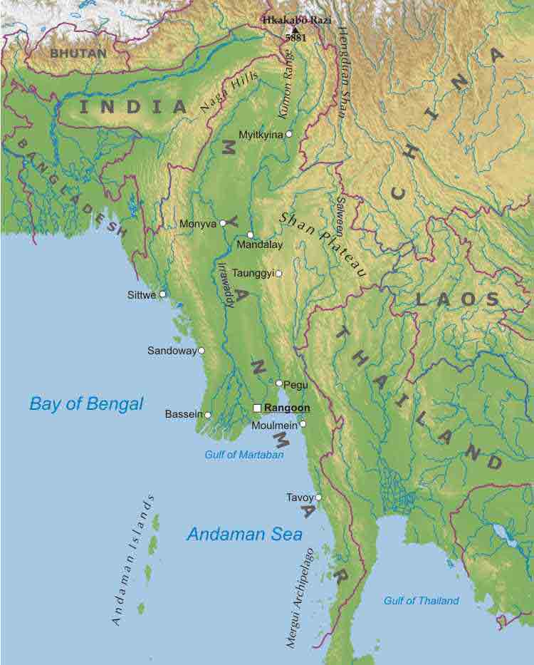 Myanmar physical map highlighting rivers, hills, and regions