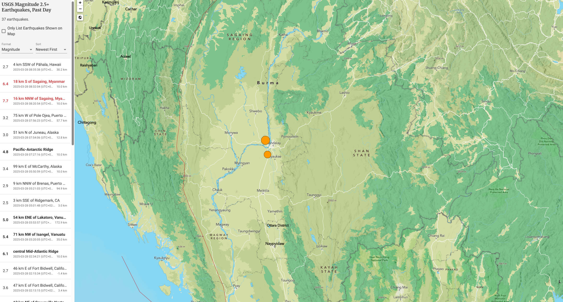 Sagaing Myanmar earthquake map march 2025