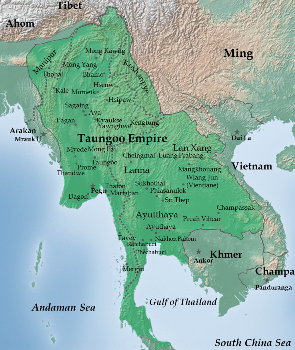 Toungoo Empire map under Bayinnaung in 1580 Myanmar