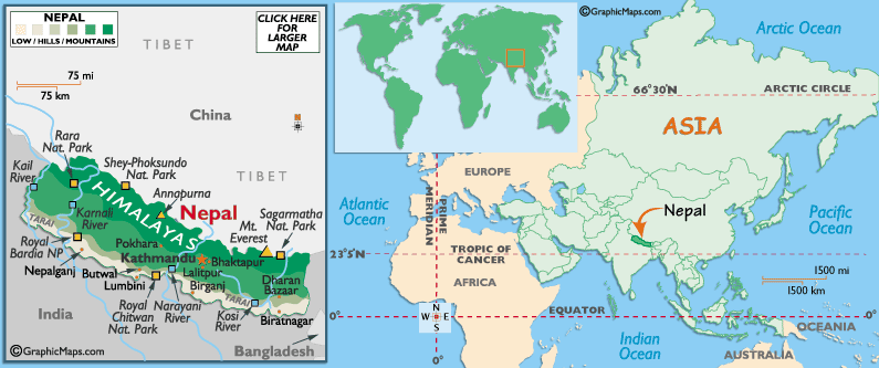 Map showing Nepal in South Asia, between China and India.