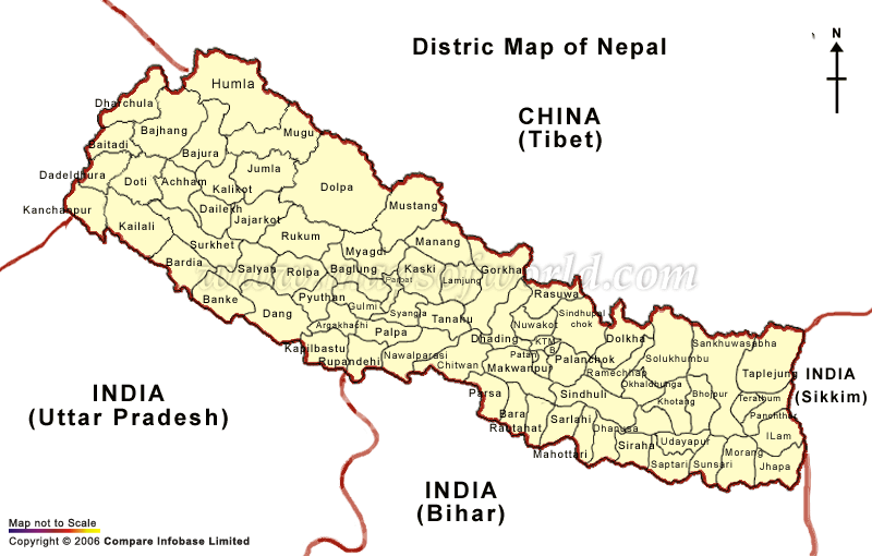 Map showing the districts of Nepal with bordering regions: China (Tibet) to the north and India (Uttar Pradesh, Bihar, and Sikkim) to the south and east.
