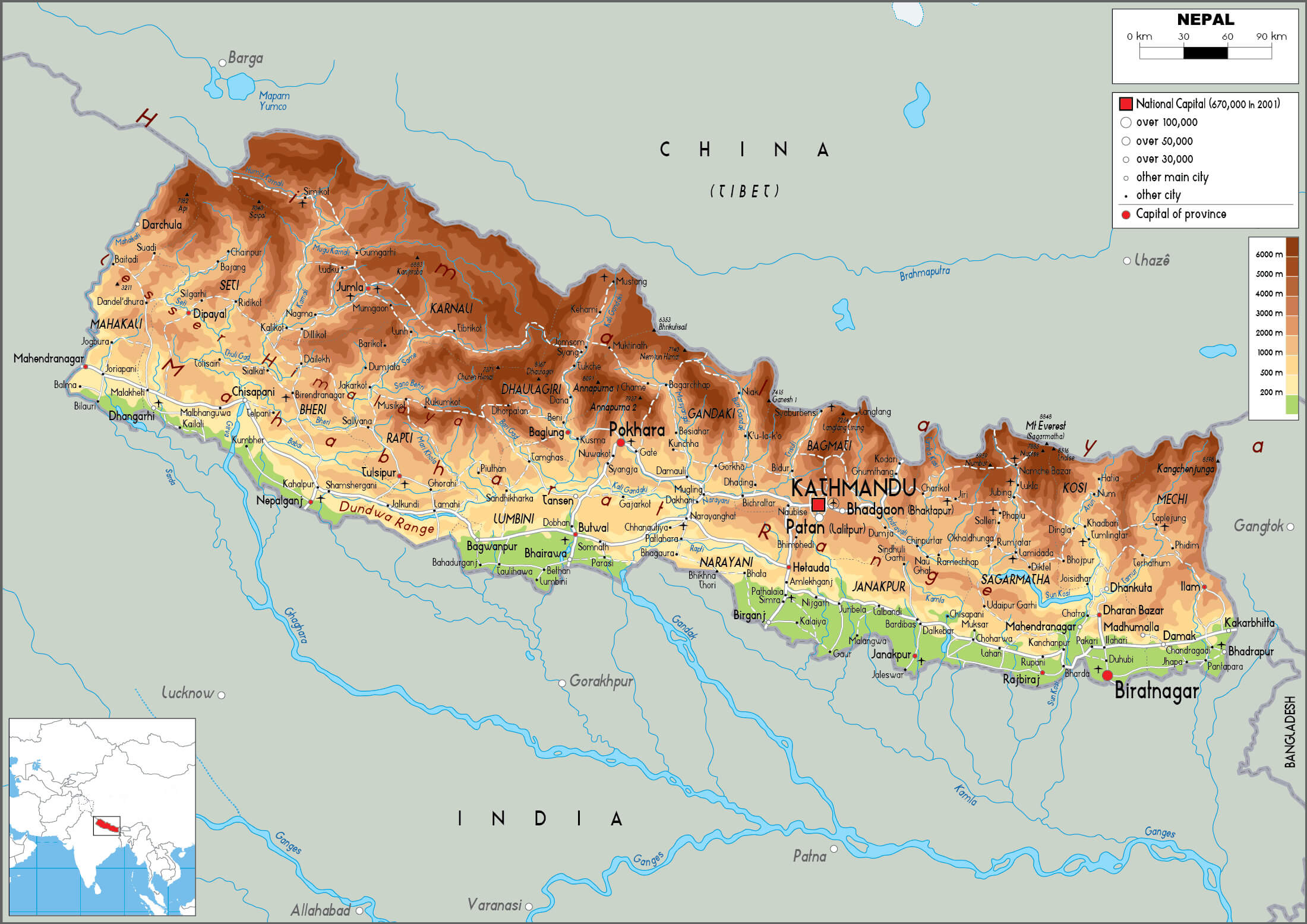Nepal physical map
