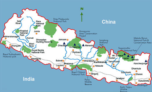 Map of Nepal showing national parks, conservation areas, and key cities