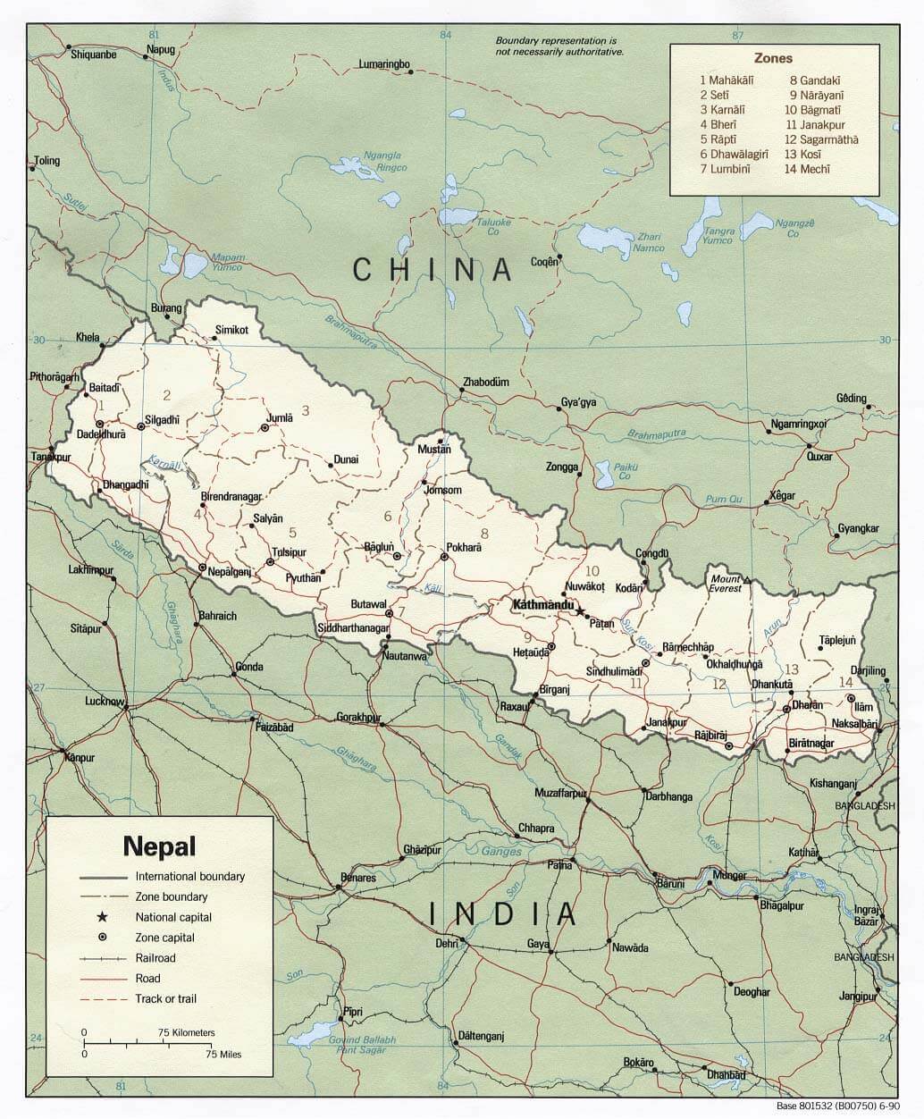 Map of Nepal showing international borders, administrative zones, and major cities