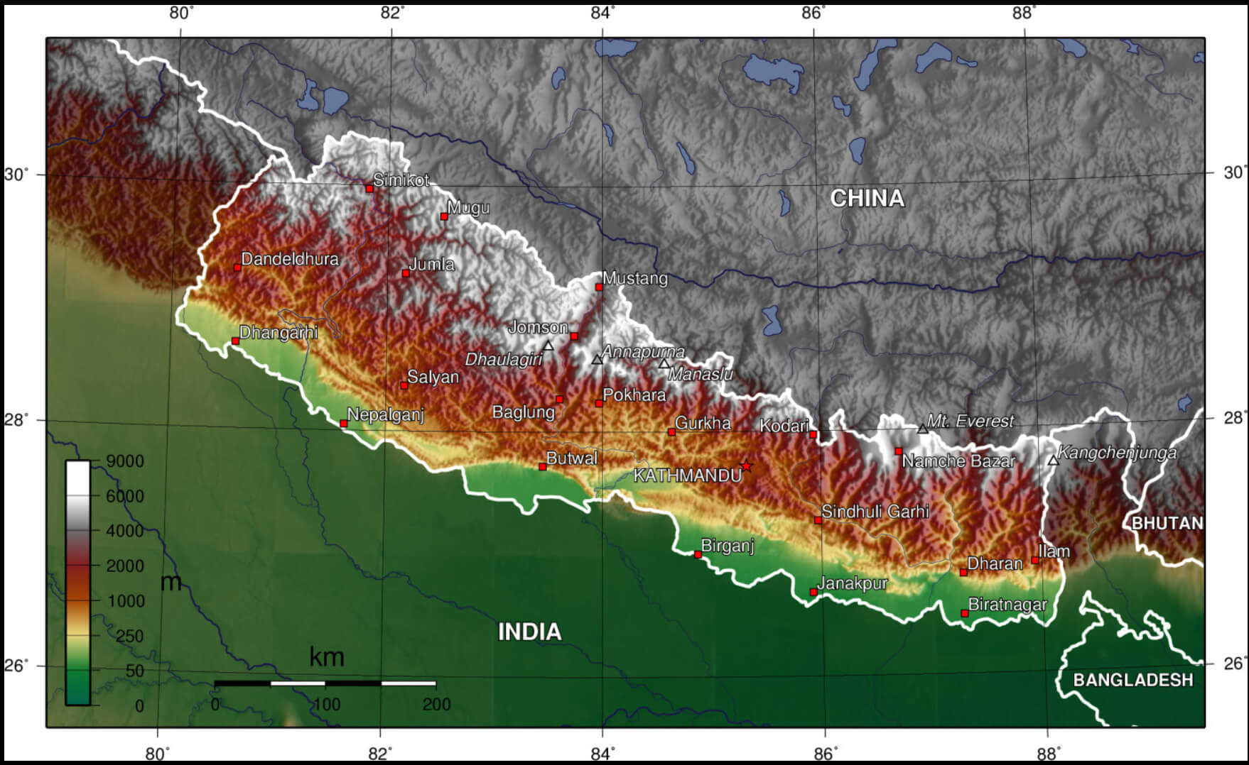 Topographic map of Nepal