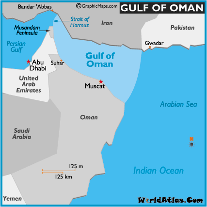 Map showing the Gulf of Oman with neighboring countries, cities, and seas.